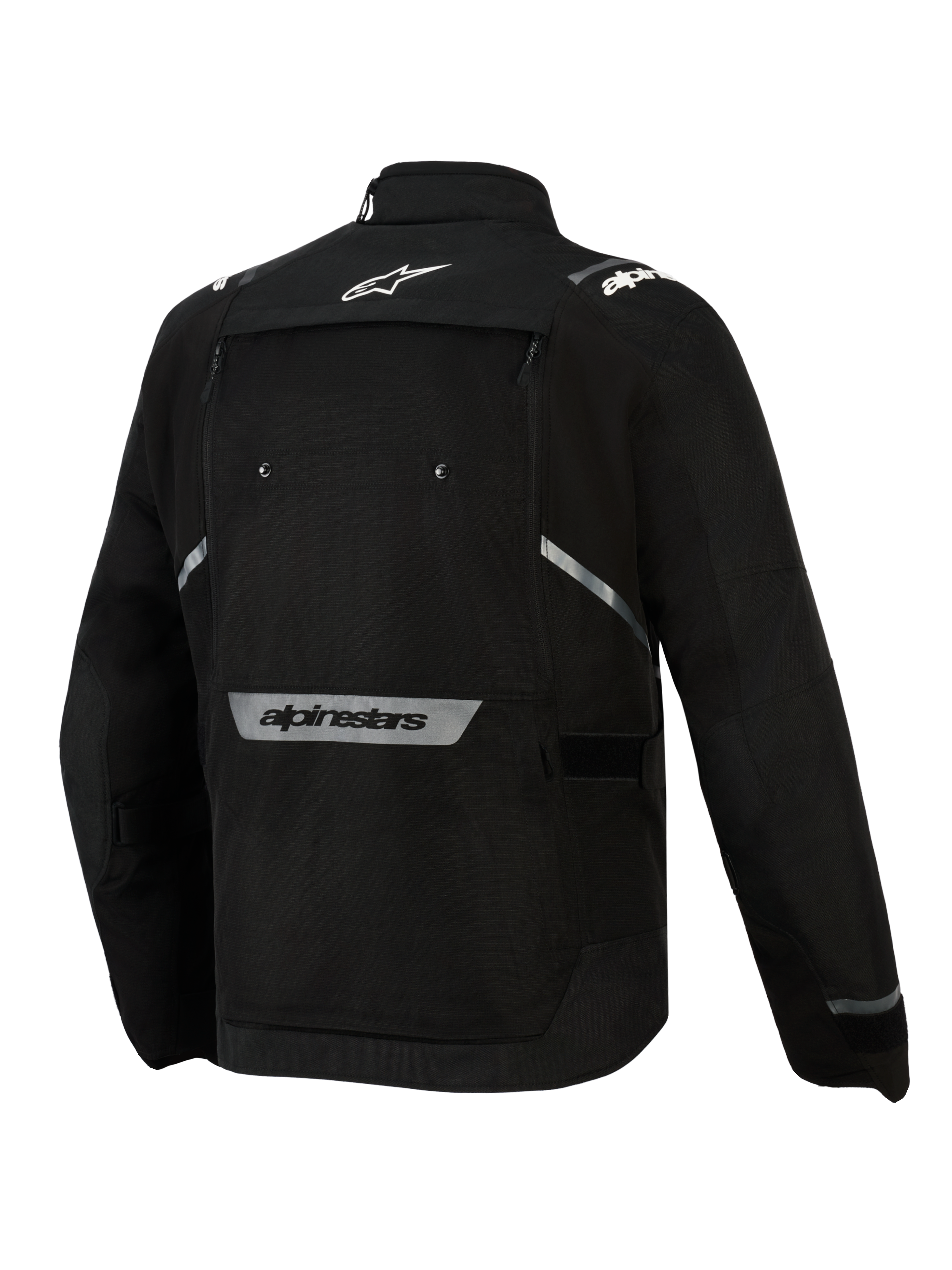 Giacca Alpinestars Cusco Drystar®, nero, vista posteriore, con logo a stella bianco sulla parte superiore della schiena, scritta Alpinestars riflettente sulla parte inferiore della schiena, ampio pannello di ventilazione con cerniera e struttura in tessuto resistente per l'adventure touring