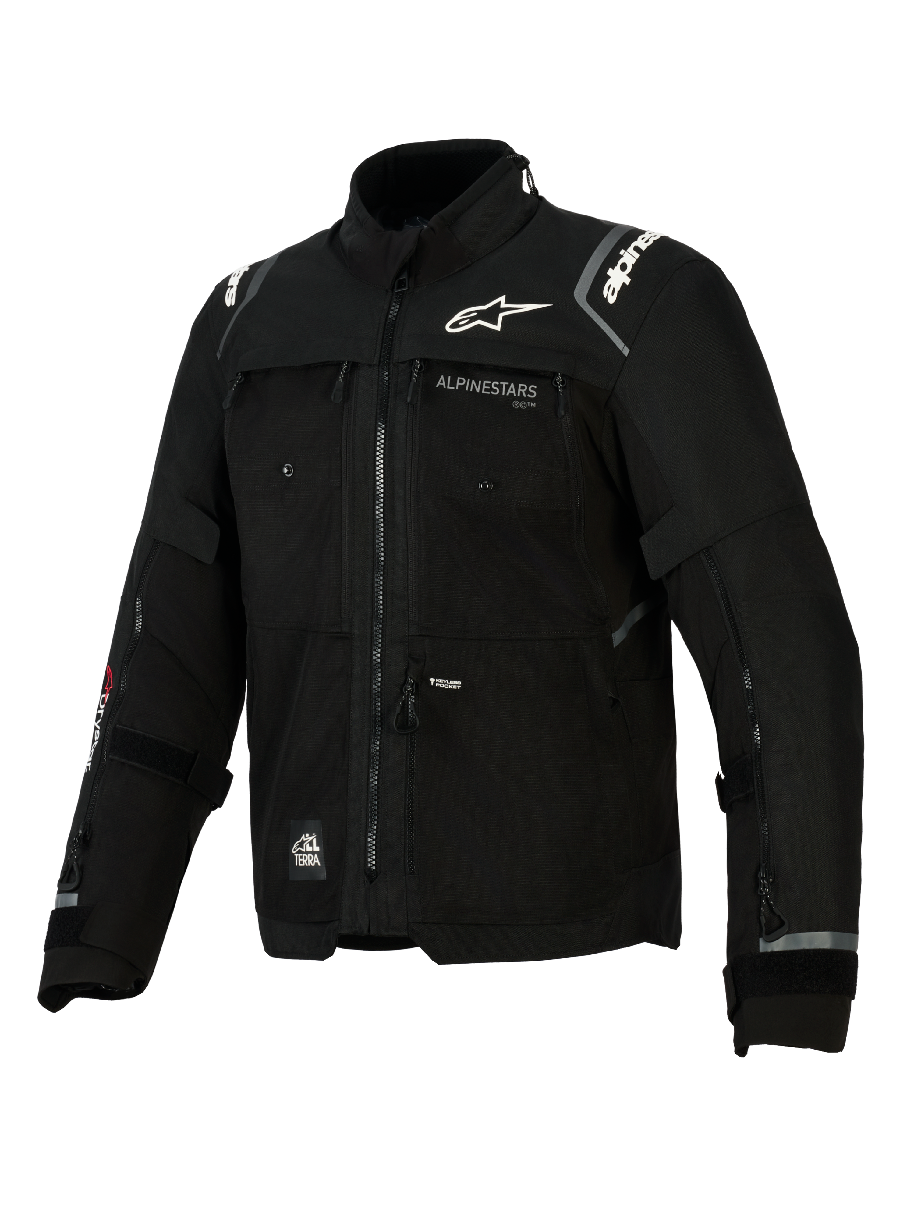 Alpinestars Cusco Drystar® Jacket, giacca da moto nera per adventure touring, dotata di costruzione in tessuto tecnico con molteplici cerniere di ventilazione, logo Alpinestars bianco su petto e spalle, branding All Terra e dettagli riflettenti