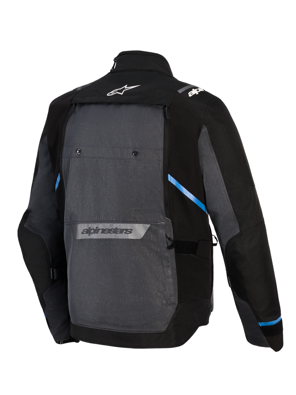 Giacca Alpinestars Cusco Drystar®, giacca da moto adventure touring, nero e grigio scuro, vista posteriore con grande pannello grigio, accenti blu, loghi Alpinestars sulla parte superiore e inferiore della schiena, costruzione in tessuto ripstop resistente