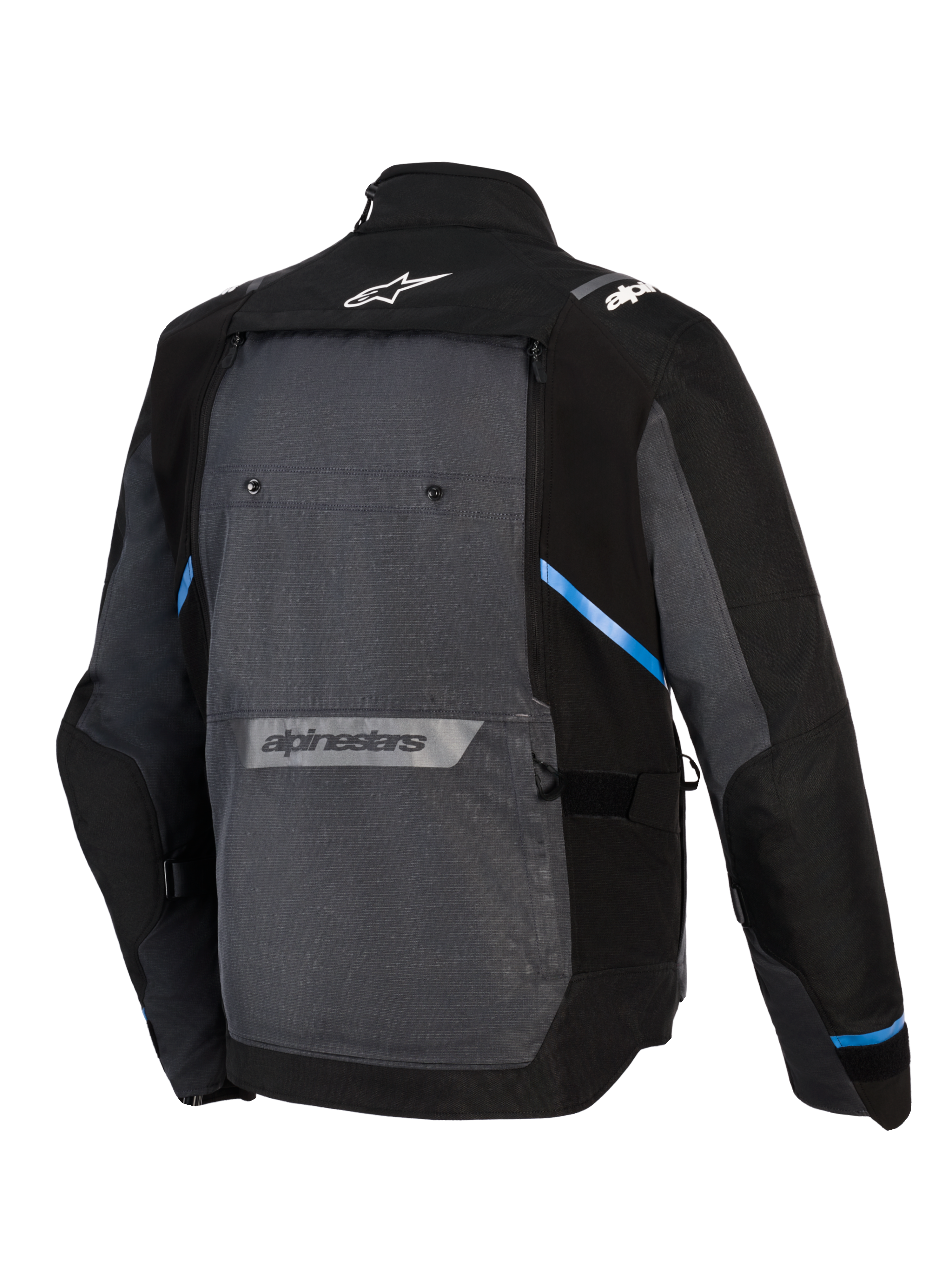 Giacca Alpinestars Cusco Drystar®, giacca da moto adventure touring, nero e grigio scuro, vista posteriore con grande pannello grigio, accenti blu, loghi Alpinestars sulla parte superiore e inferiore della schiena, costruzione in tessuto ripstop resistente