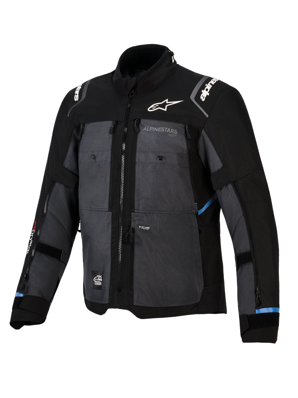 Giacca Alpinestars Cusco Drystar®, giacca adventure touring, nero e grigio scuro, caratterizzata da pannelli in tessuto ripstop, logo Alpinestars bianco su petto e spalle, cerniere di ventilazione multiple e dettagli azzurri.