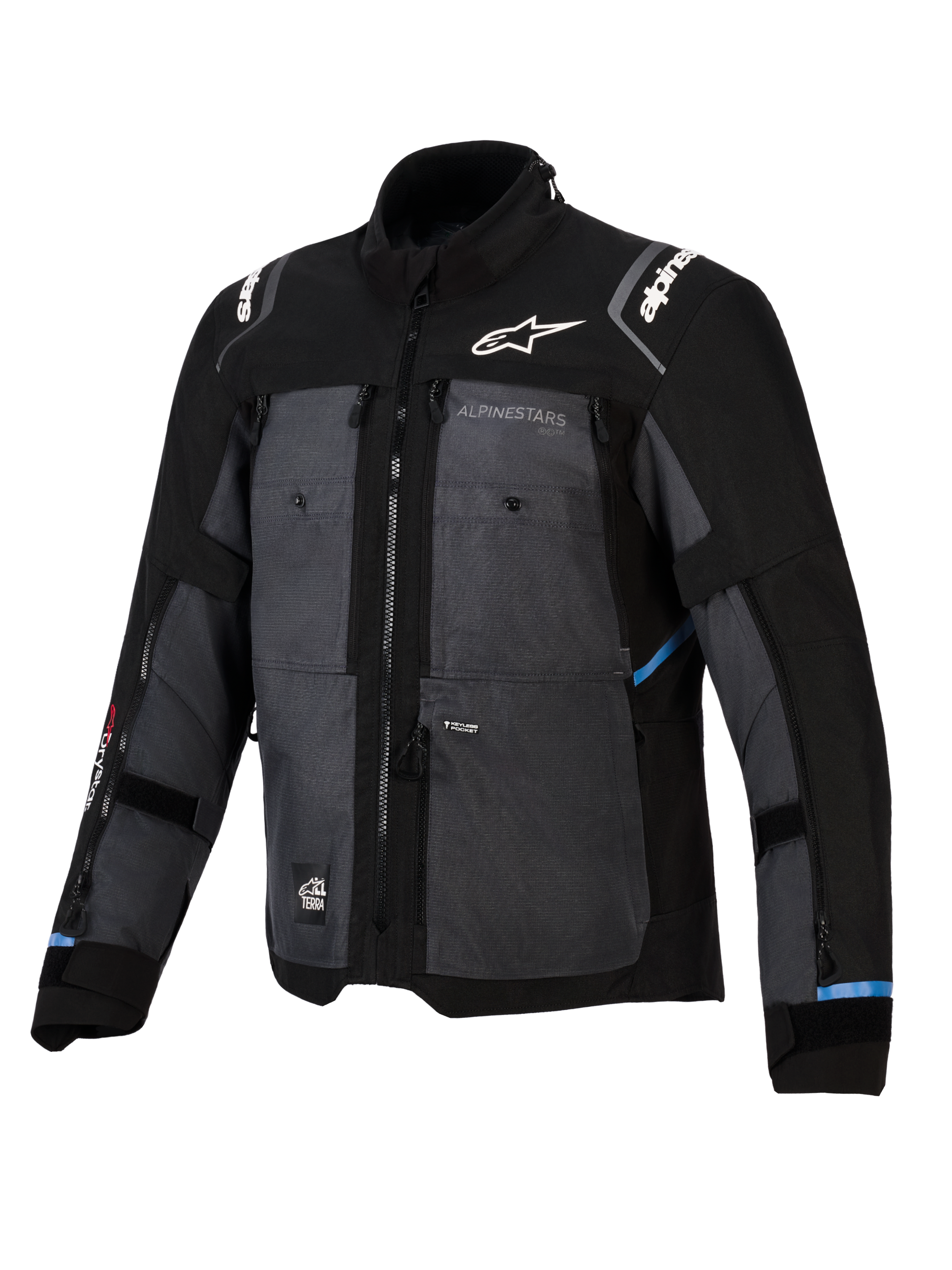 Giacca Alpinestars Cusco Drystar®, giacca adventure touring, nero e grigio scuro, caratterizzata da pannelli in tessuto ripstop, logo Alpinestars bianco su petto e spalle, cerniere di ventilazione multiple e dettagli azzurri.