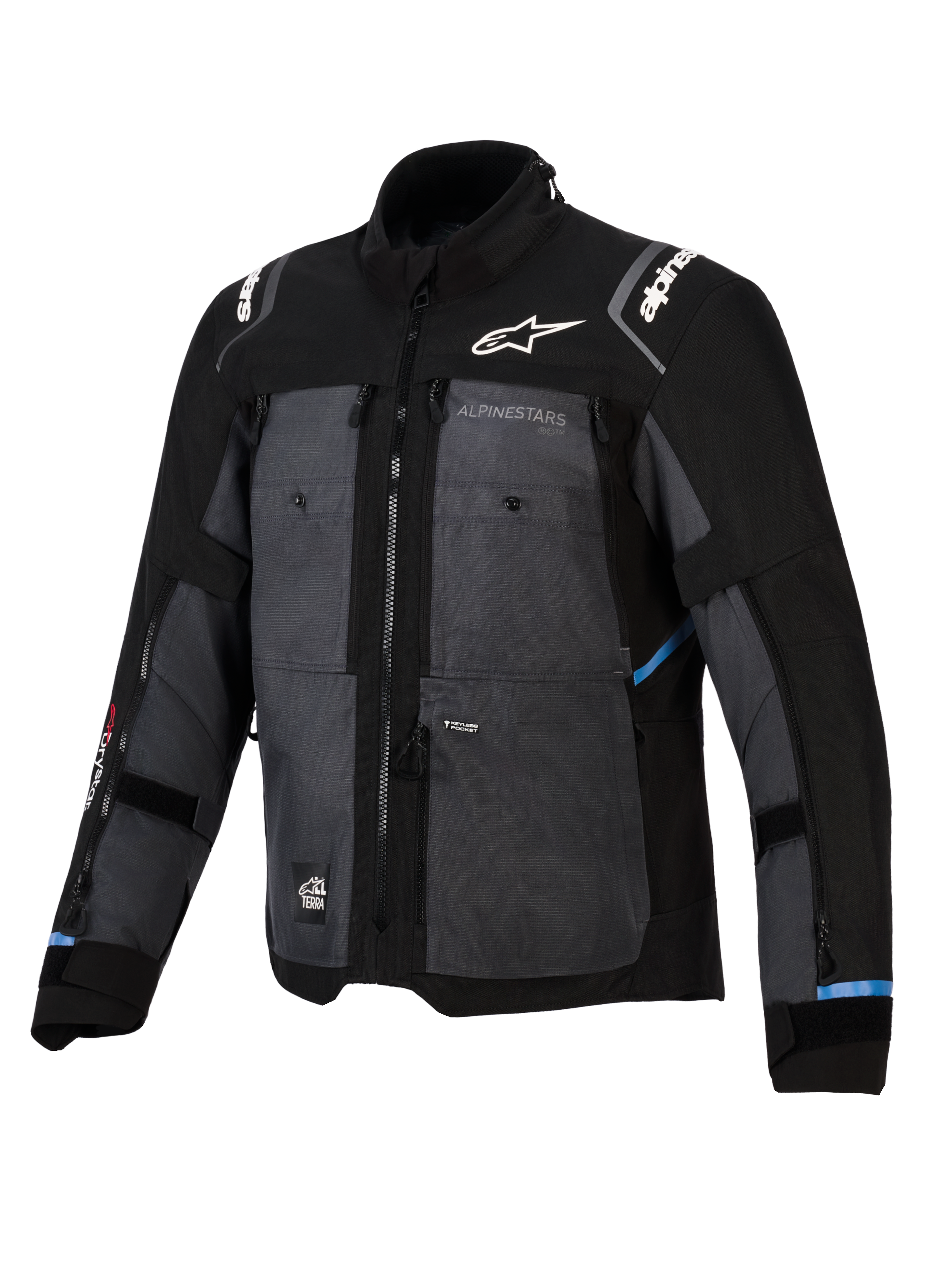Giacca Alpinestars Cusco Drystar®, giacca adventure touring, nero e grigio scuro, caratterizzata da pannelli in tessuto ripstop, logo Alpinestars bianco su petto e spalle, cerniere di ventilazione multiple e dettagli azzurri.