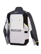 Giacca Alpinestars Cusco Drystar®, giacca da moto, Ice Gray, Mid Gray e Deep Gray, vista posteriore con pannelli in tessuto multi-tonali, accenti giallo neon, ampio pannello di ventilazione posteriore e logo Alpinestars bianco sul colletto e sulla parte bassa della schiena