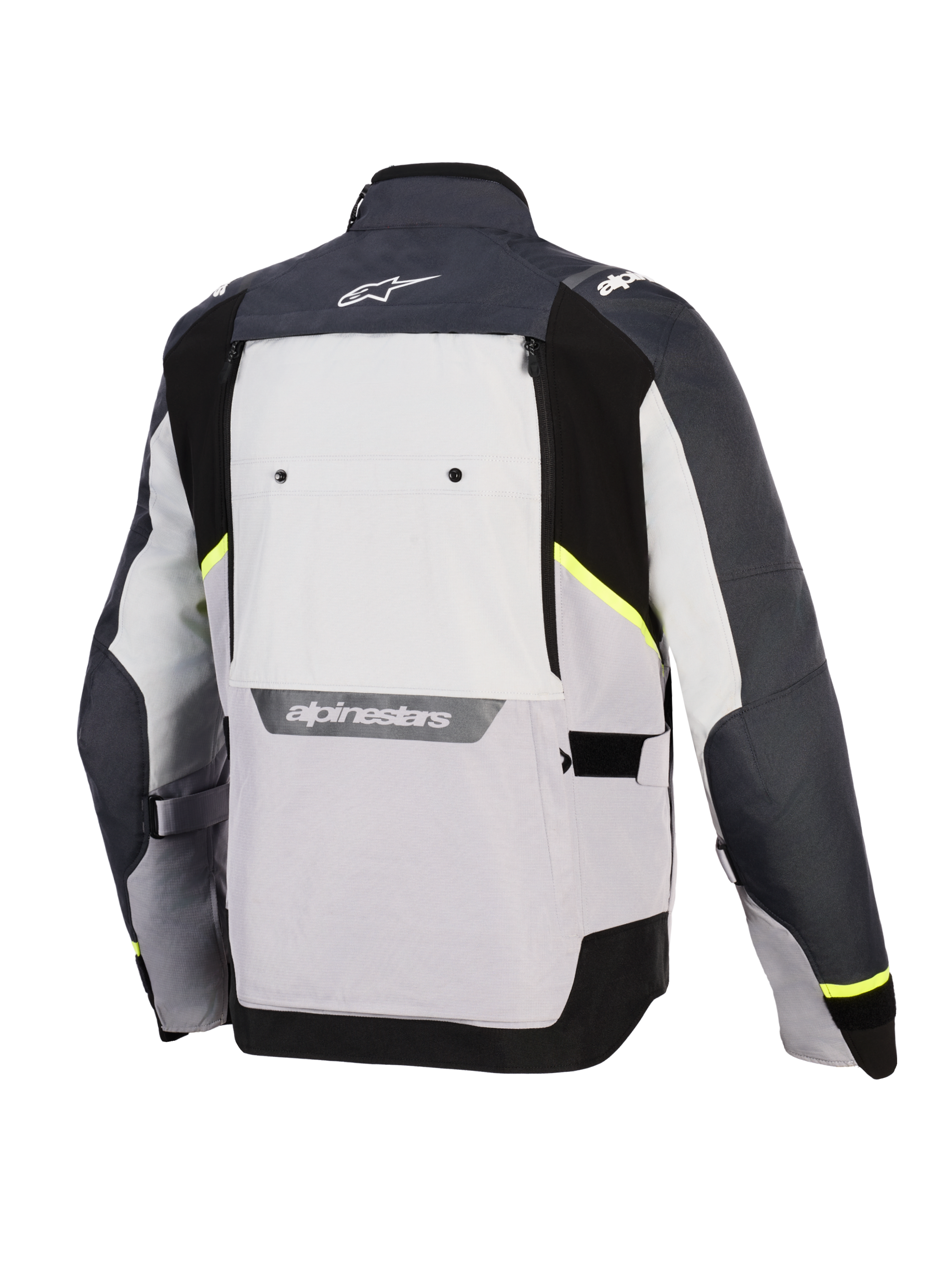 Giacca Alpinestars Cusco Drystar®, giacca da moto, Ice Gray, Mid Gray e Deep Gray, vista posteriore con pannelli in tessuto multi-tonali, accenti giallo neon, ampio pannello di ventilazione posteriore e logo Alpinestars bianco sul colletto e sulla parte bassa della schiena