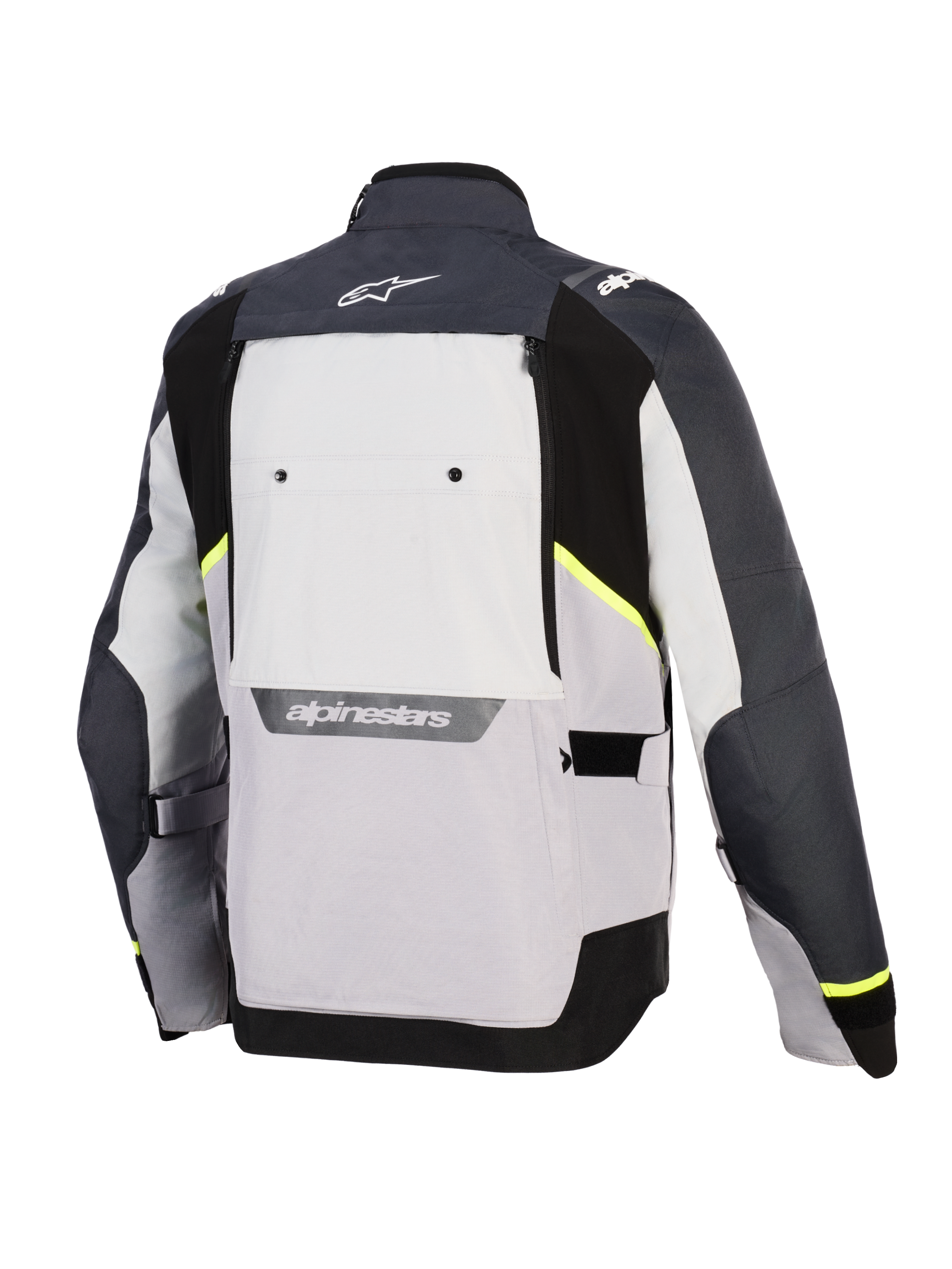 Giacca Alpinestars Cusco Drystar®, giacca da moto, Ice Gray, Mid Gray e Deep Gray, vista posteriore con pannelli in tessuto multi-tonali, accenti giallo neon, ampio pannello di ventilazione posteriore e logo Alpinestars bianco sul colletto e sulla parte bassa della schiena