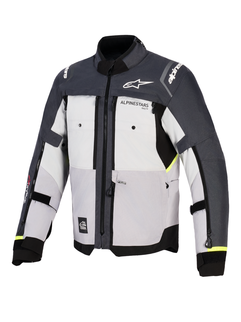 Giacca Alpinestars Cusco Drystar®, giacca da moto adventure, Ice Gray, Mid Gray e Deep Gray, vista frontale con costruzione in tessuto multi-pannello, prese d'aria con cerniera sul petto e logo Alpinestars su petto e spalle