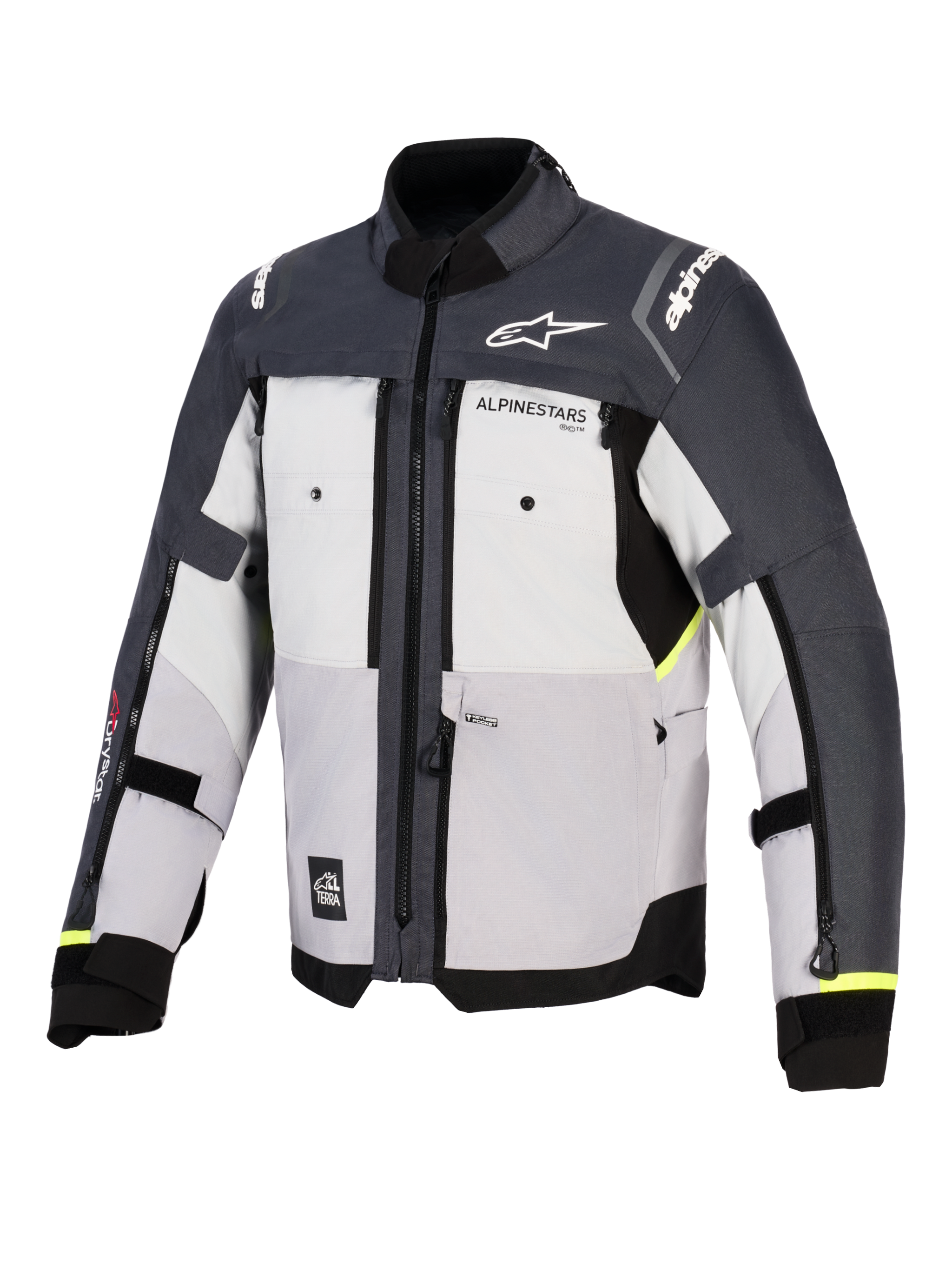 Giacca Alpinestars Cusco Drystar®, giacca da moto adventure, Ice Gray, Mid Gray e Deep Gray, vista frontale con costruzione in tessuto multi-pannello, prese d'aria con cerniera sul petto e logo Alpinestars su petto e spalle