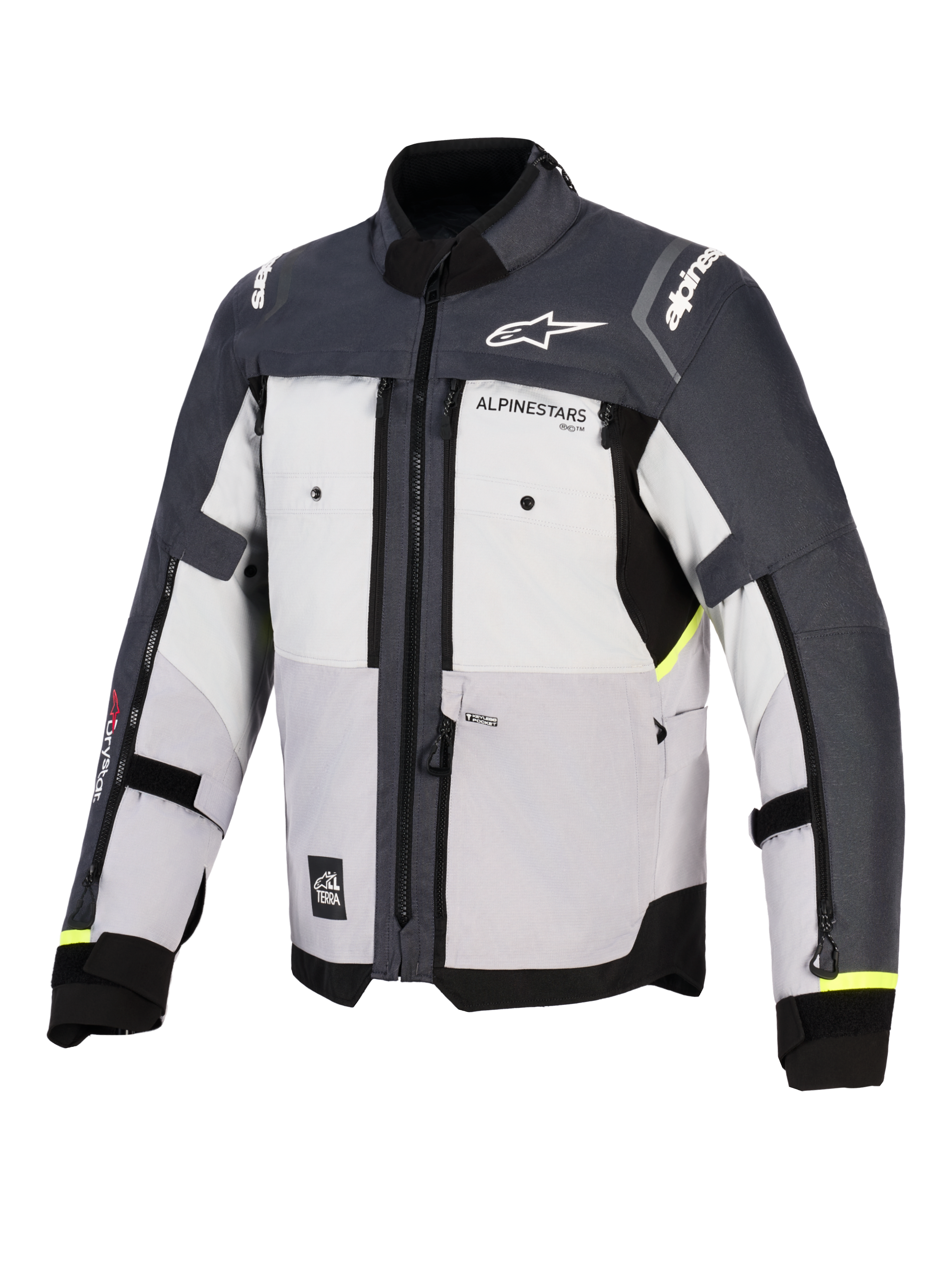 Giacca Alpinestars Cusco Drystar®, giacca da moto adventure, Ice Gray, Mid Gray e Deep Gray, vista frontale con costruzione in tessuto multi-pannello, prese d'aria con cerniera sul petto e logo Alpinestars su petto e spalle