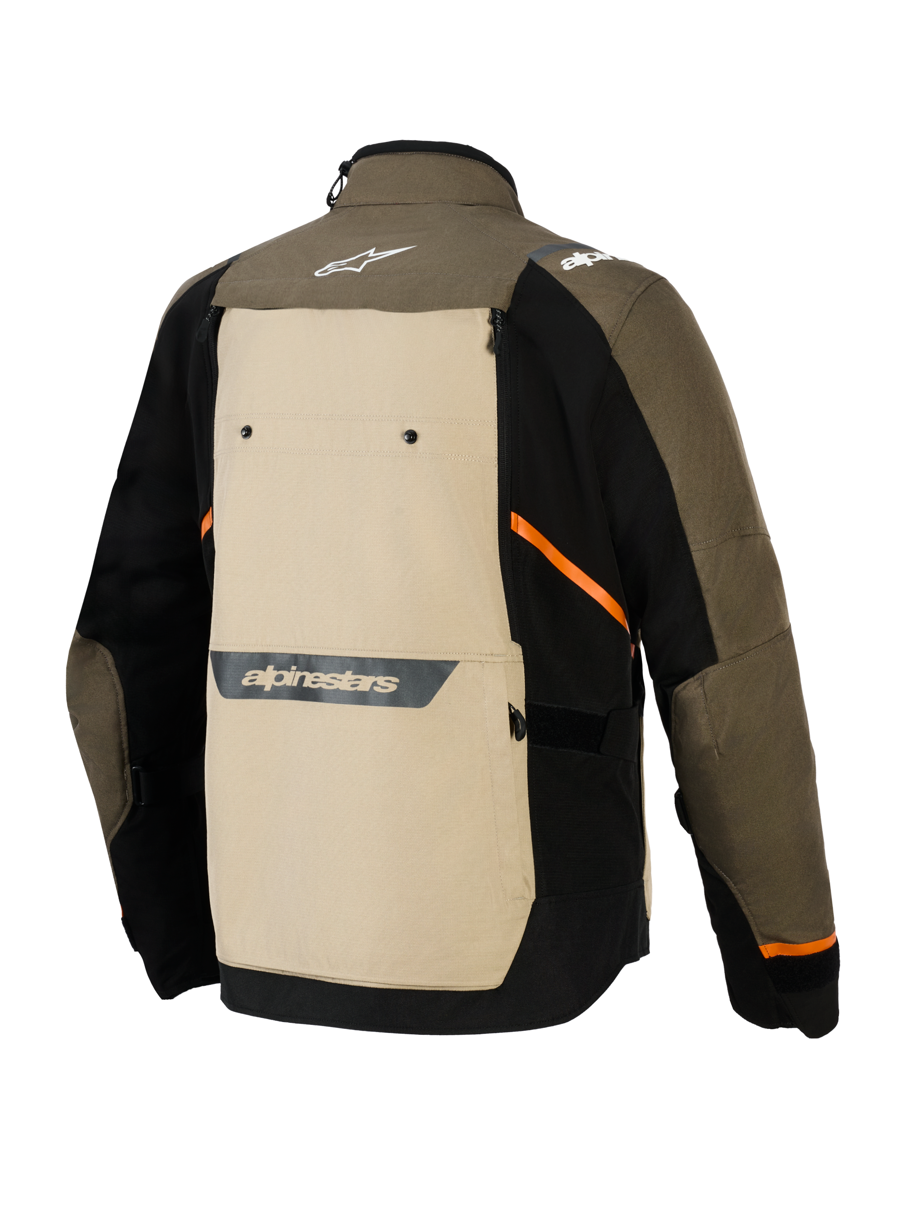 Giacca Alpinestars Cusco Drystar®, vista posteriore, Walnut Aluminum Black, giacca da moto adventure in tessuto con un ampio pannello posteriore beige, accenti diagonali arancioni e loghi riflettenti su una base marrone e nera.