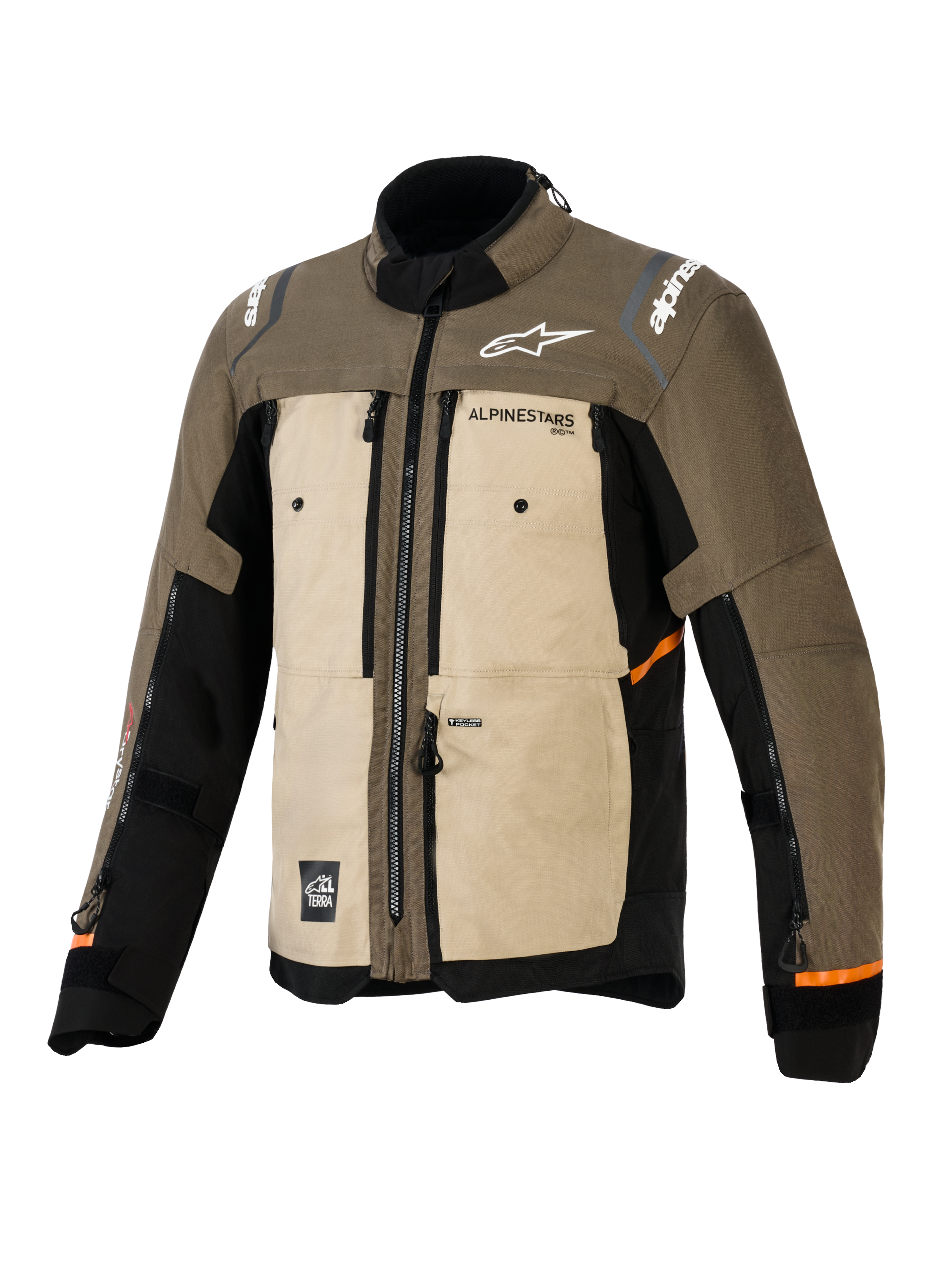 Giacca Alpinestars Cusco Drystar®, Walnut Aluminum Black, giacca da moto adventure touring, vista frontale a tre quarti, costruzione in tessuto con pannelli beige e marroni, prese d'aria con cerniera, loghi Alpinestars bianchi e dettagli arancioni sulle maniche