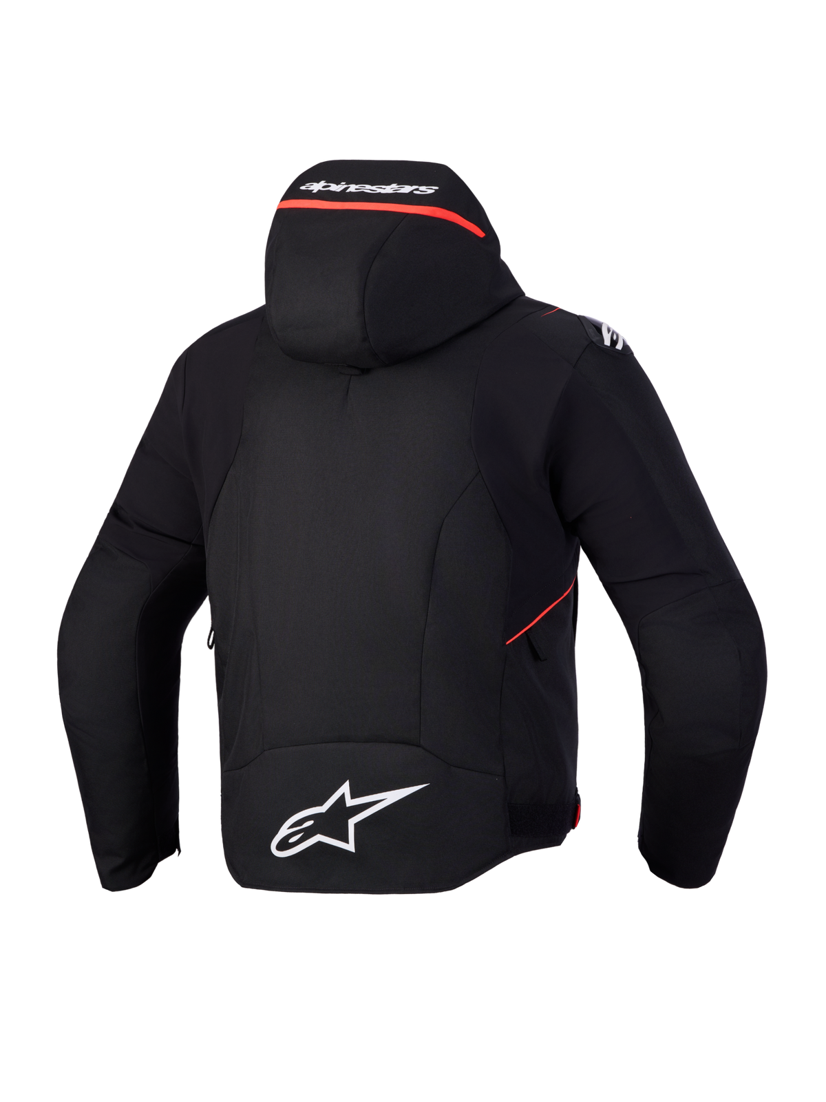 Alpinestars Zaca V2 Waterproof Giacca, giacca moto sportiva, vista posteriore con cappuccio integrato e dettagli logo bianchi, nero e rosso fluo, costruzione in tessuto certificata CE