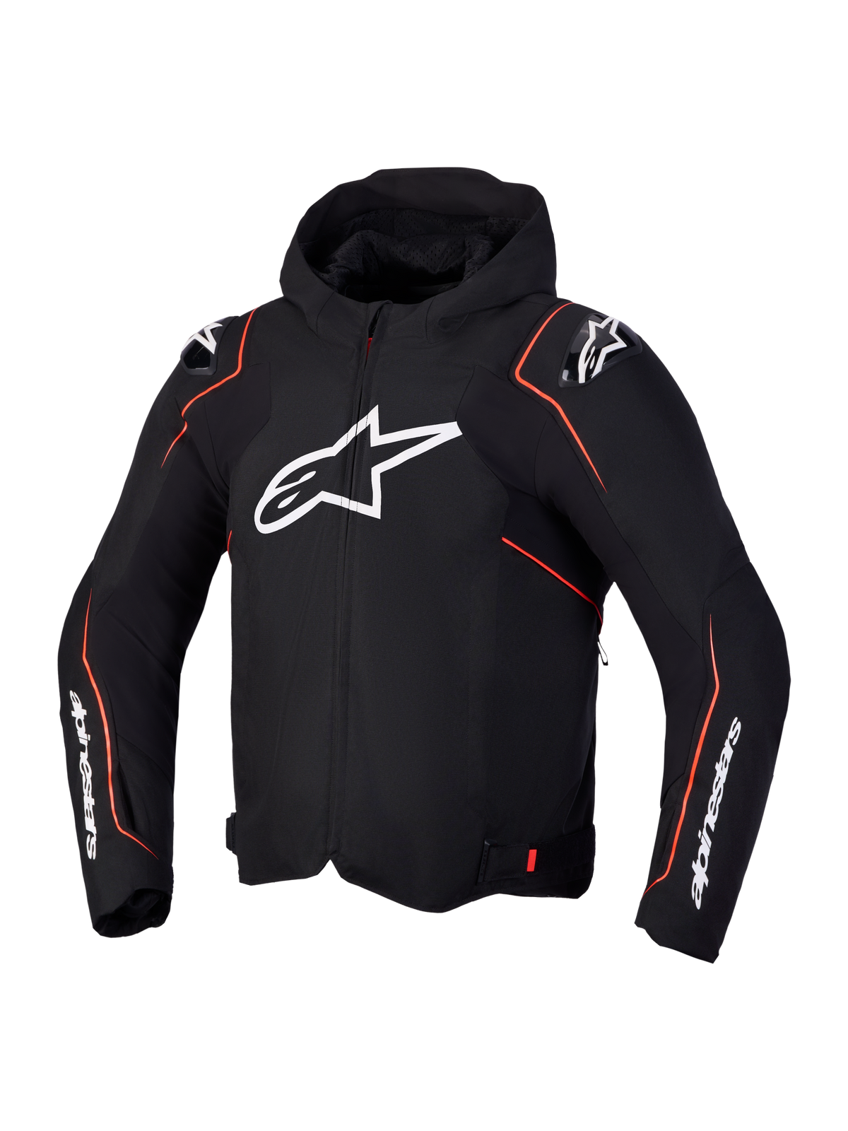 Alpinestars Zaca V2 Waterproof Giacca, giacca da moto sportiva nera e rosso fluo con cappuccio integrato e loghi bianchi