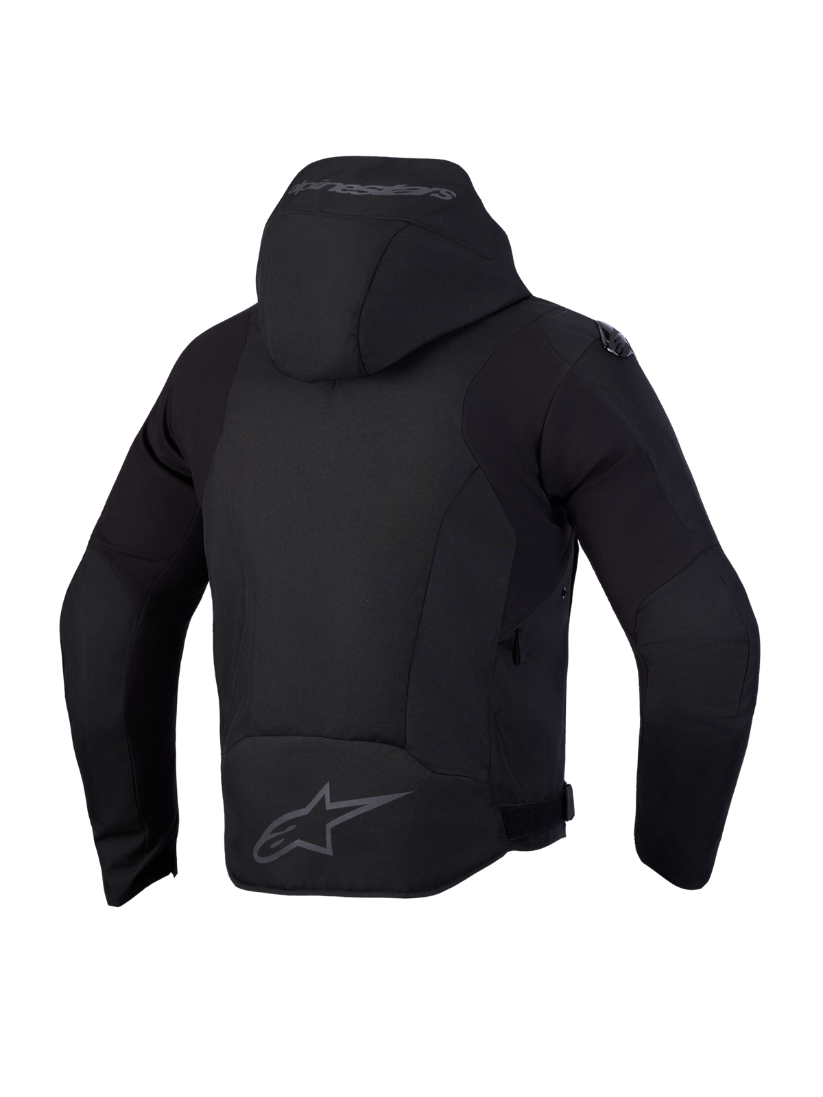 Alpinestars Zaca V 2 Waterproof Giacca, giacca da moto impermeabile nera, vista posteriore con cappuccio integrato e protezione sulle spalle