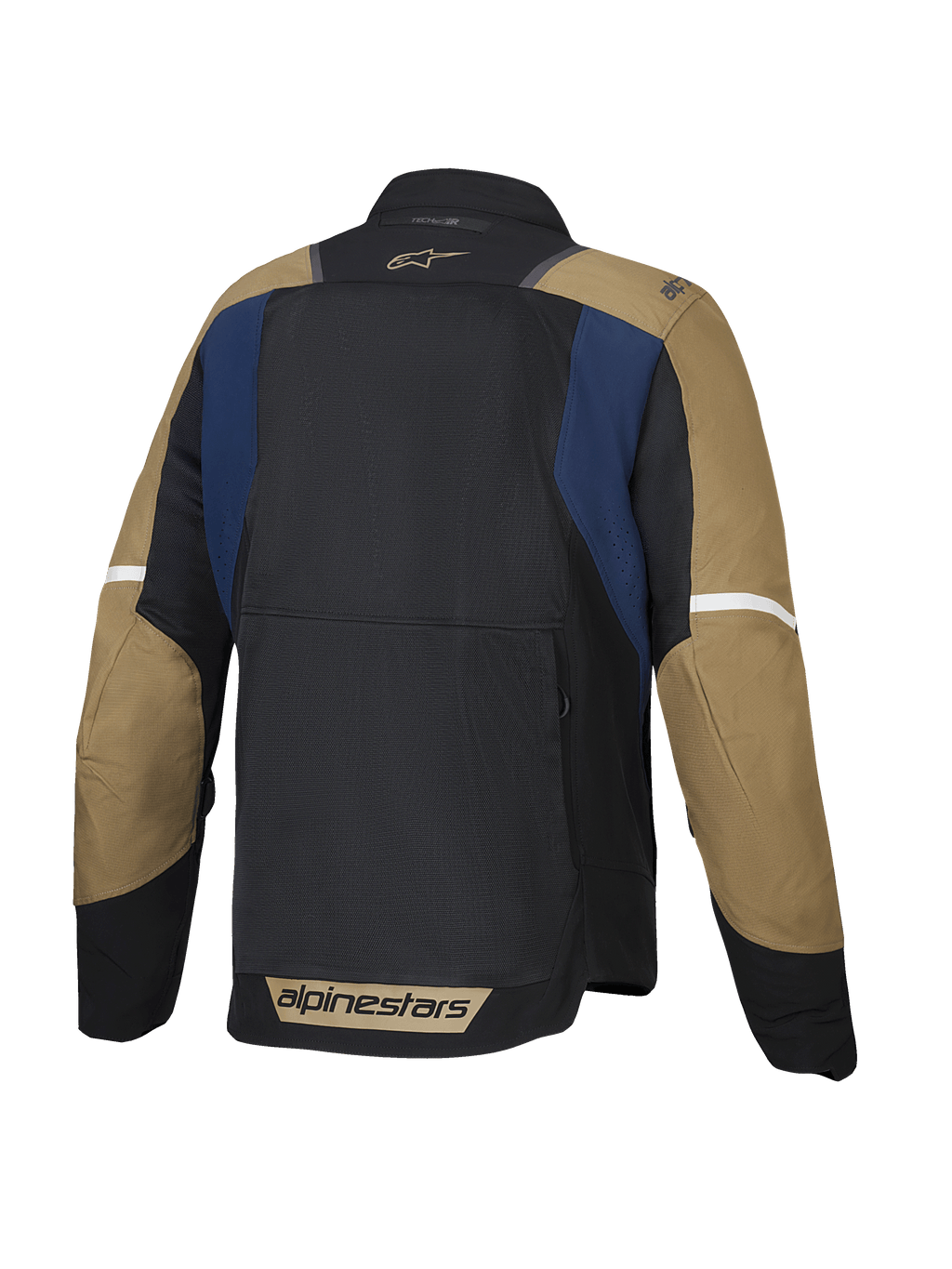 Alpinestars Giacca ST-2 Air, giacca da moto touring estiva da uomo, vista posteriore con pannelli in rete ventilata, blu scuro, marrone cachi e nero, certificata CE livello AA e predisposta per Tech-Air