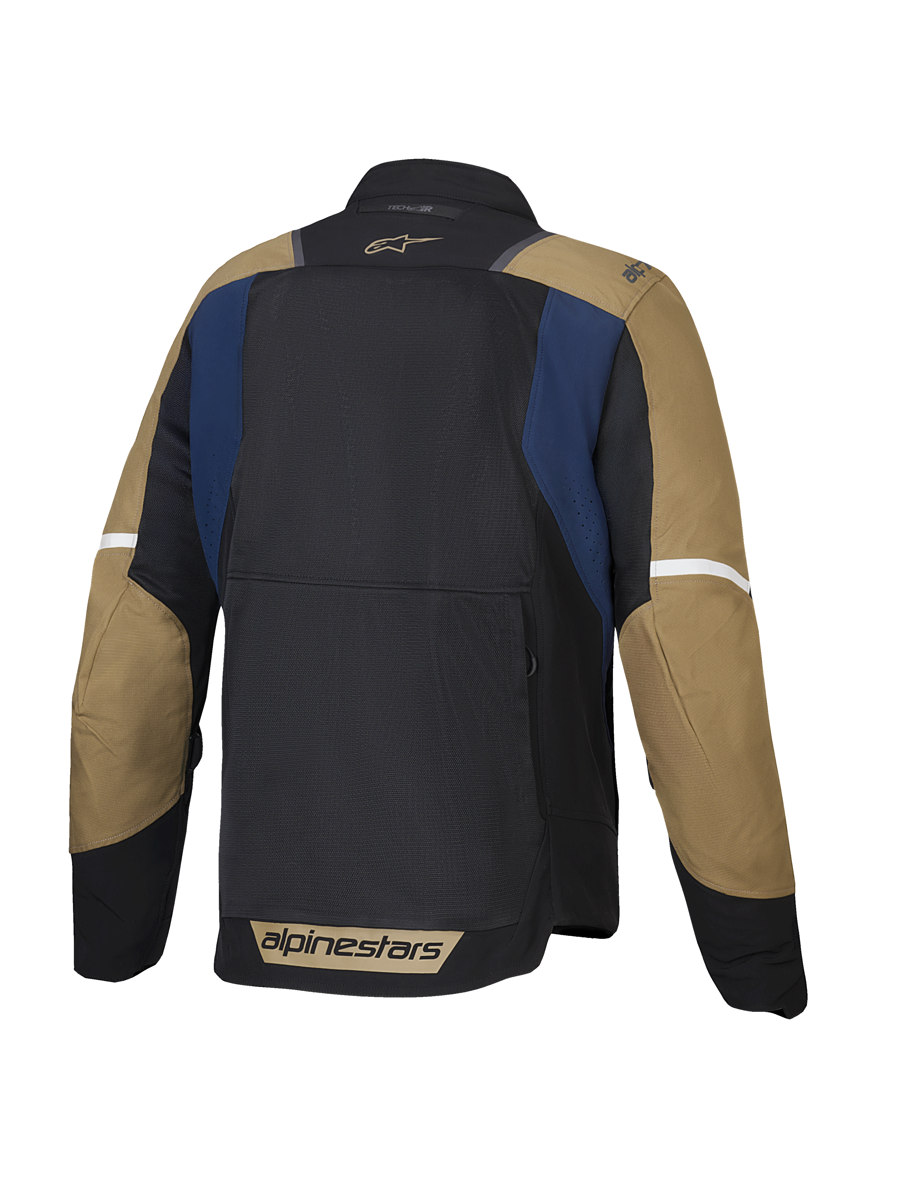 Alpinestars Giacca ST-2 Air, giacca da moto touring estiva da uomo, vista posteriore con pannelli in rete ventilata, blu scuro, marrone cachi e nero, certificata CE livello AA e predisposta per Tech-Air