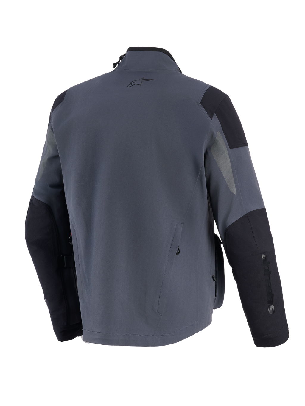 Alpinestars Maxdura Drystar®XF Laminated Armored Shell, giacca tecnica da moto adventure, grigio scuro e nero, vista posteriore con pannelli rinforzati su spalle e gomiti, piccolo logo A-star sulla parte superiore della schiena e marchio verticale sulla manica.