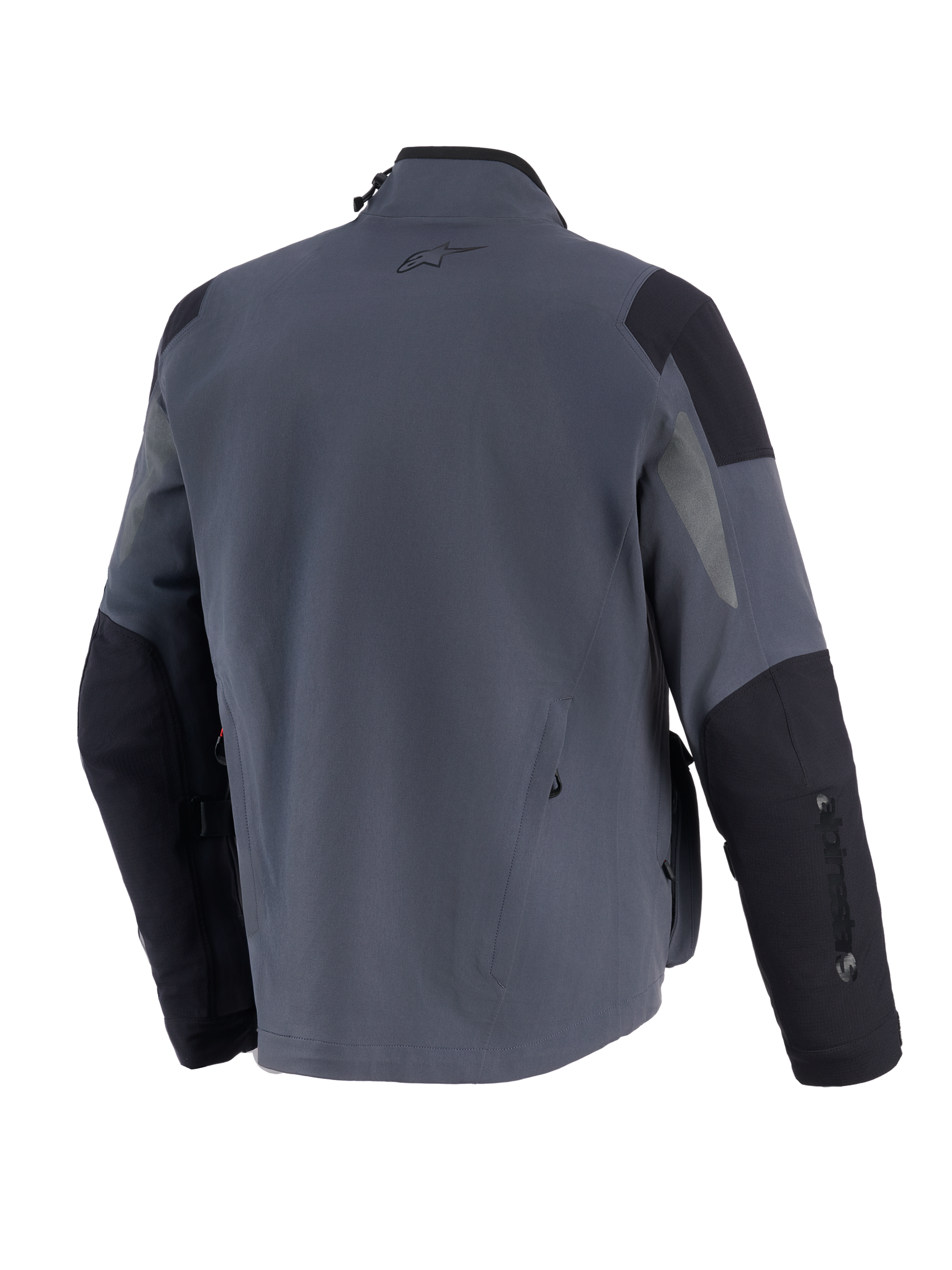 Alpinestars Maxdura Drystar®XF Laminated Armored Shell, giacca tecnica da moto adventure, grigio scuro e nero, vista posteriore con pannelli rinforzati su spalle e gomiti, piccolo logo A-star sulla parte superiore della schiena e marchio verticale sulla manica.