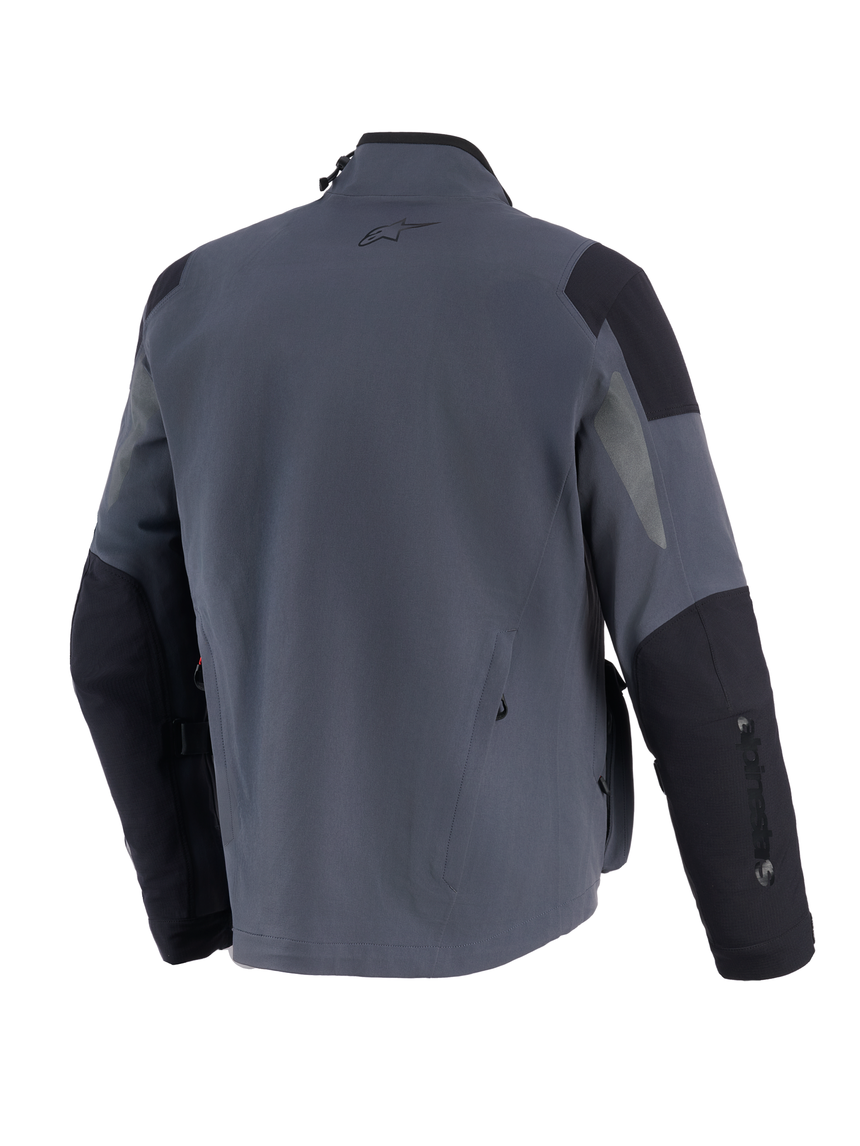 Alpinestars Maxdura Drystar®XF Laminated Armored Shell, giacca tecnica da moto adventure, grigio scuro e nero, vista posteriore con pannelli rinforzati su spalle e gomiti, piccolo logo A-star sulla parte superiore della schiena e marchio verticale sulla manica.