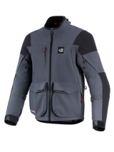 Alpinestars Maxdura Drystar®XF Laminated Armored Shell, giacca da moto, grigio scuro e nero, vista frontale con grandi tasche cargo, dettagli delle cerniere rossi, logo 'ALL TERRA' sul petto e cinghie di regolazione sulle maniche, abbigliamento tecnico da adventure touring