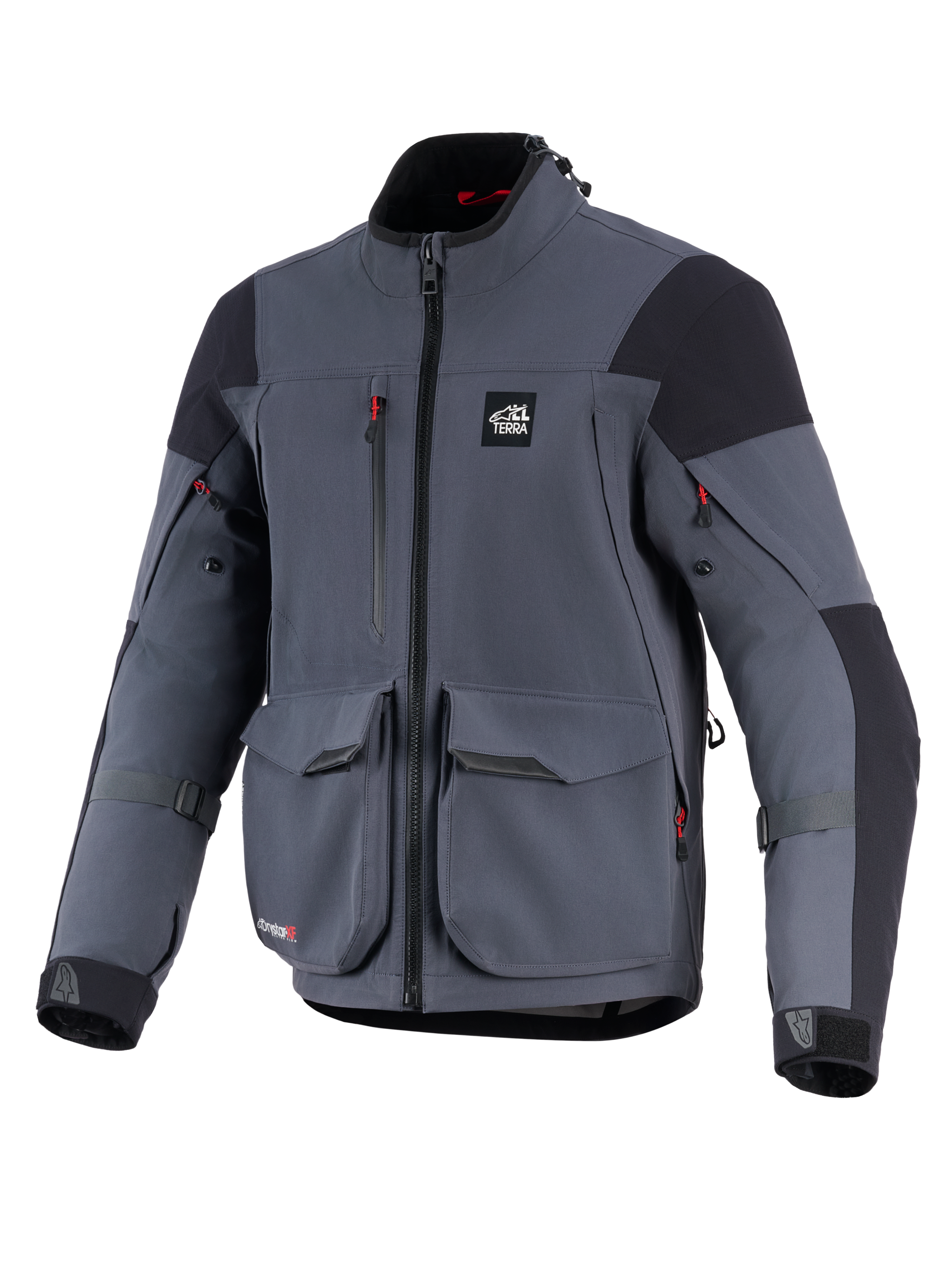 Alpinestars Maxdura Drystar®XF Laminated Armored Shell, giacca da moto, grigio scuro e nero, vista frontale con grandi tasche cargo, dettagli delle cerniere rossi, logo 'ALL TERRA' sul petto e cinghie di regolazione sulle maniche, abbigliamento tecnico da adventure touring