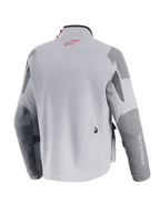 Alpinestars Maxdura Drystar®XF Laminated Armored Shell, giacca da moto adventure, grigio medio e grigio scuro, vista posteriore con logo Alpinestars rosso sul collo, pannelli grigio scuro rinforzati su gomiti e spalle e costruzione tessile professionale.