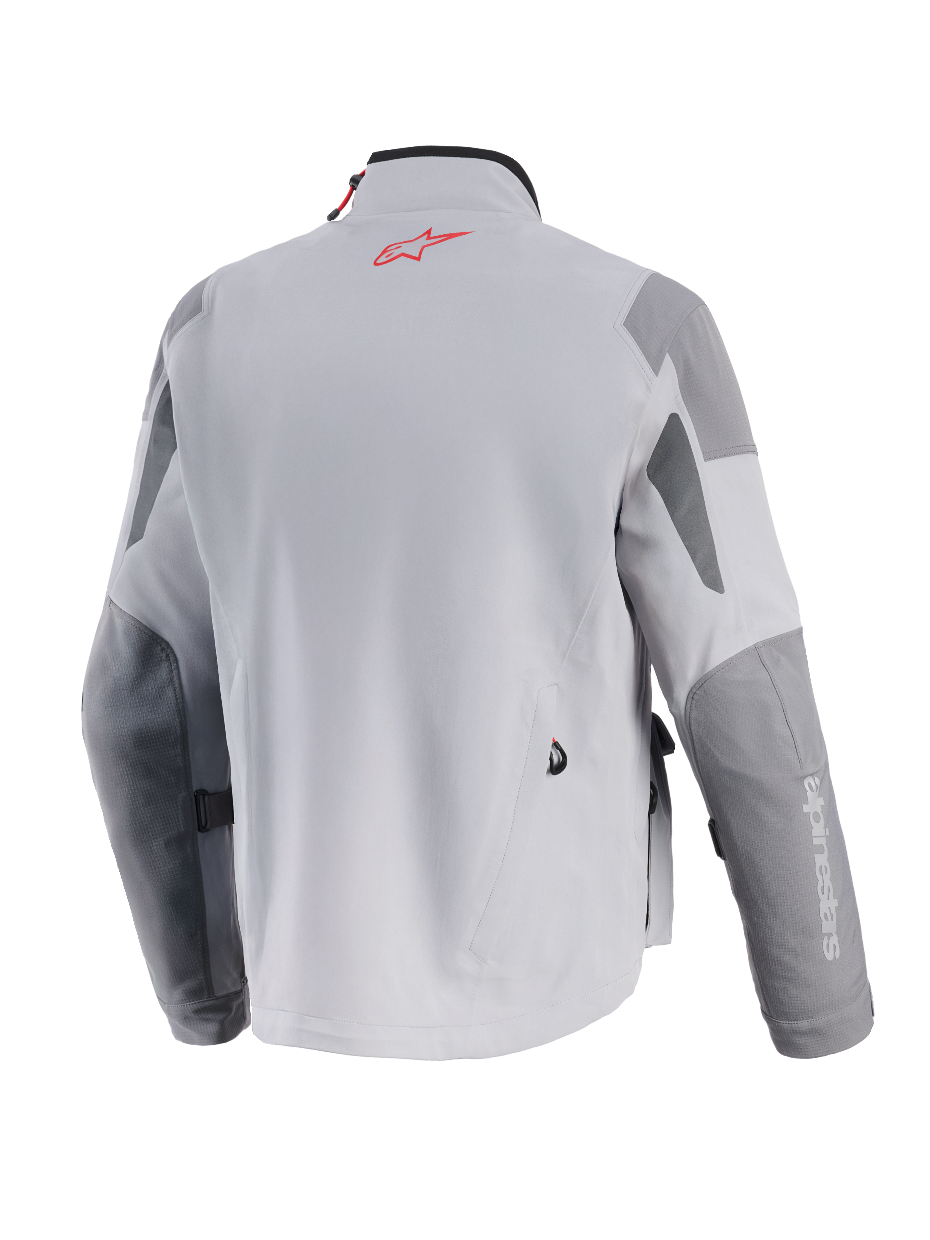 Alpinestars Maxdura Drystar®XF Laminated Armored Shell, giacca da moto adventure, grigio medio e grigio scuro, vista posteriore con logo Alpinestars rosso sul collo, pannelli grigio scuro rinforzati su gomiti e spalle e costruzione tessile professionale.