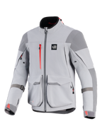 Alpinestars Maxdura Drystar®XF Laminated Armored Shell, giacca da moto, grigio medio e grigio scuro, con dettagli cerniera rossi e loghi sui polsini, ampie tasche cargo anteriori, pannelli rinforzati su spalle e gomiti, design tecnico adventure con logo 'ALL TERRA' sul petto