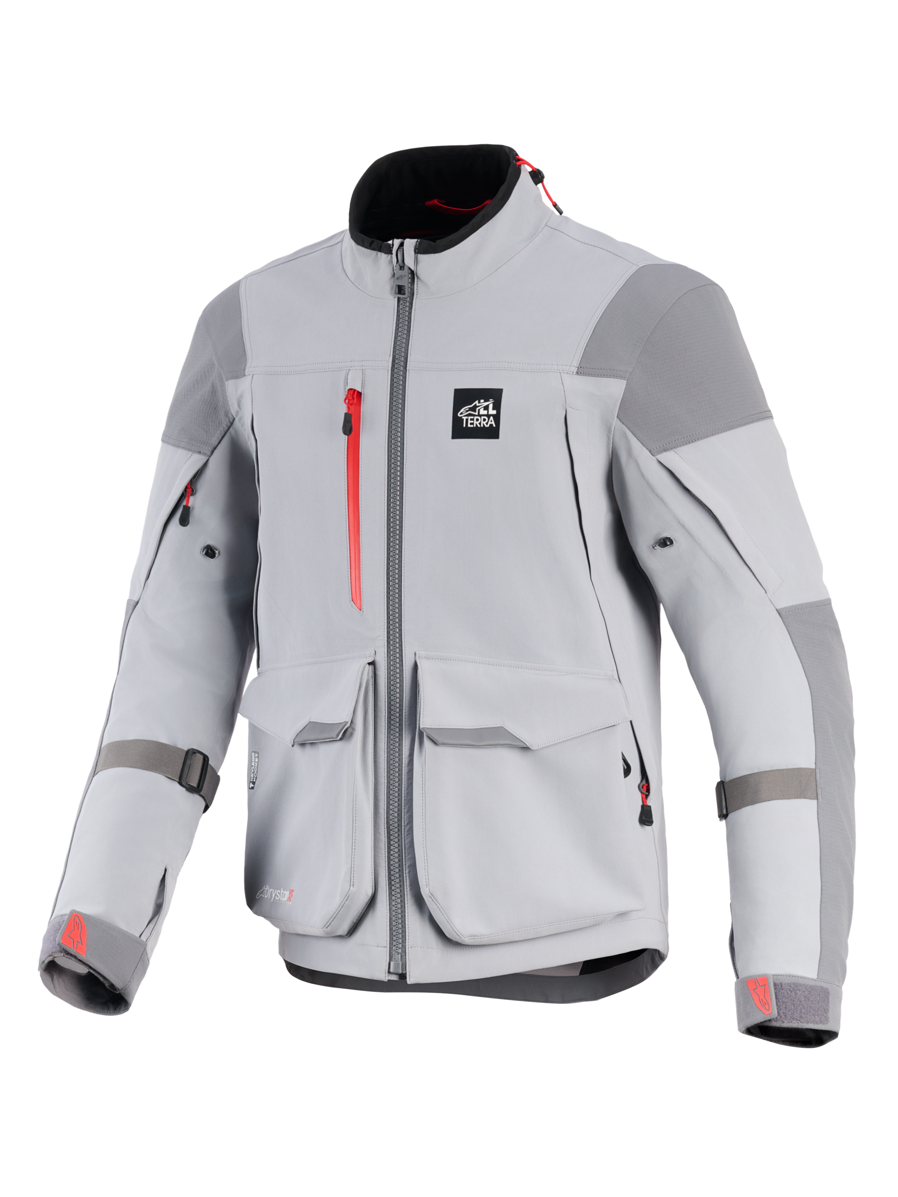 Alpinestars Maxdura Drystar®XF Laminated Armored Shell, giacca da moto, grigio medio e grigio scuro, con dettagli cerniera rossi e loghi sui polsini, ampie tasche cargo anteriori, pannelli rinforzati su spalle e gomiti, design tecnico adventure con logo 'ALL TERRA' sul petto