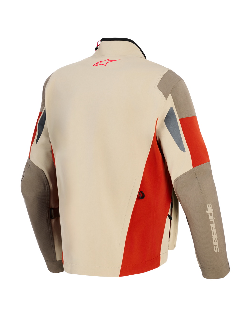Alpinestars Maxdura Drystar®XF Laminated Armored Shell, giacca da moto adventure, alluminio, noce e marrone ruggine, vista posteriore con logo rosso sul colletto, design tecnico multipannello con aperture di ventilazione e costruzione in tessuto resistente.
