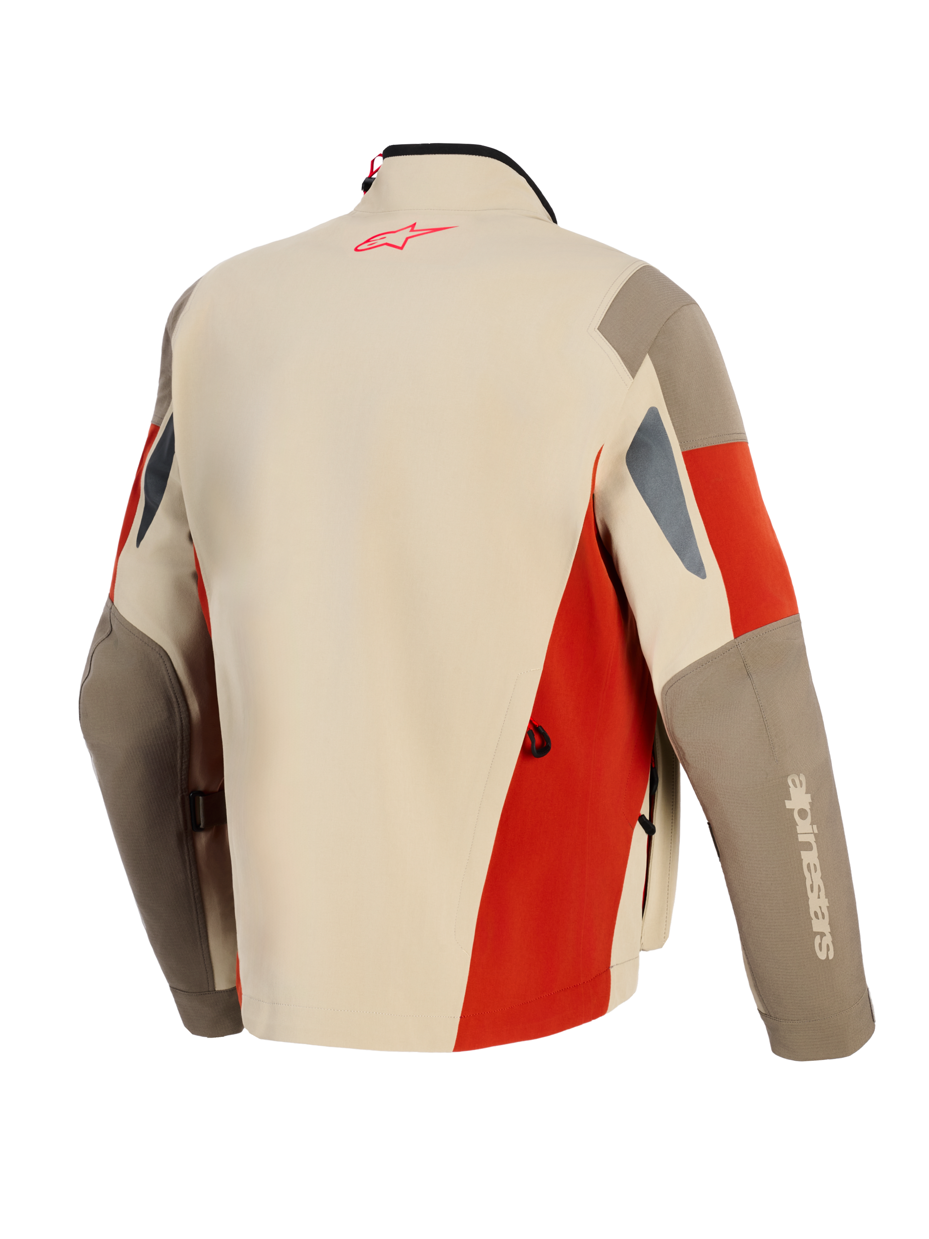 Alpinestars Maxdura Drystar®XF Laminated Armored Shell, giacca da moto adventure, alluminio, noce e marrone ruggine, vista posteriore con logo rosso sul colletto, design tecnico multipannello con aperture di ventilazione e costruzione in tessuto resistente.
