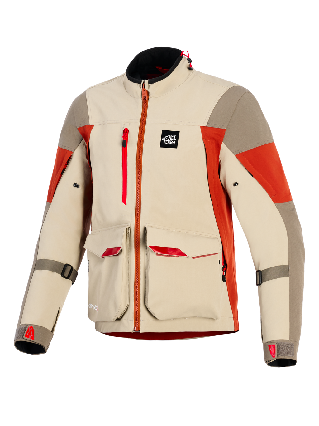 Alpinestars Maxdura Drystar®XF Laminated Armored Shell, giacca da moto adventure, Aluminum Walnut e Rust Brown, presenta ampie tasche cargo anteriori con accenti rossi, cerniera verticale sul petto, patch logo All Terra e costruzione tecnica laminata a 3 strati
