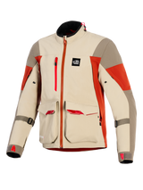 Alpinestars Maxdura Drystar®XF Laminated Armored Shell, giacca da moto adventure, Aluminum Walnut e Rust Brown, presenta ampie tasche cargo anteriori con accenti rossi, cerniera verticale sul petto, patch logo All Terra e costruzione tecnica laminata a 3 strati