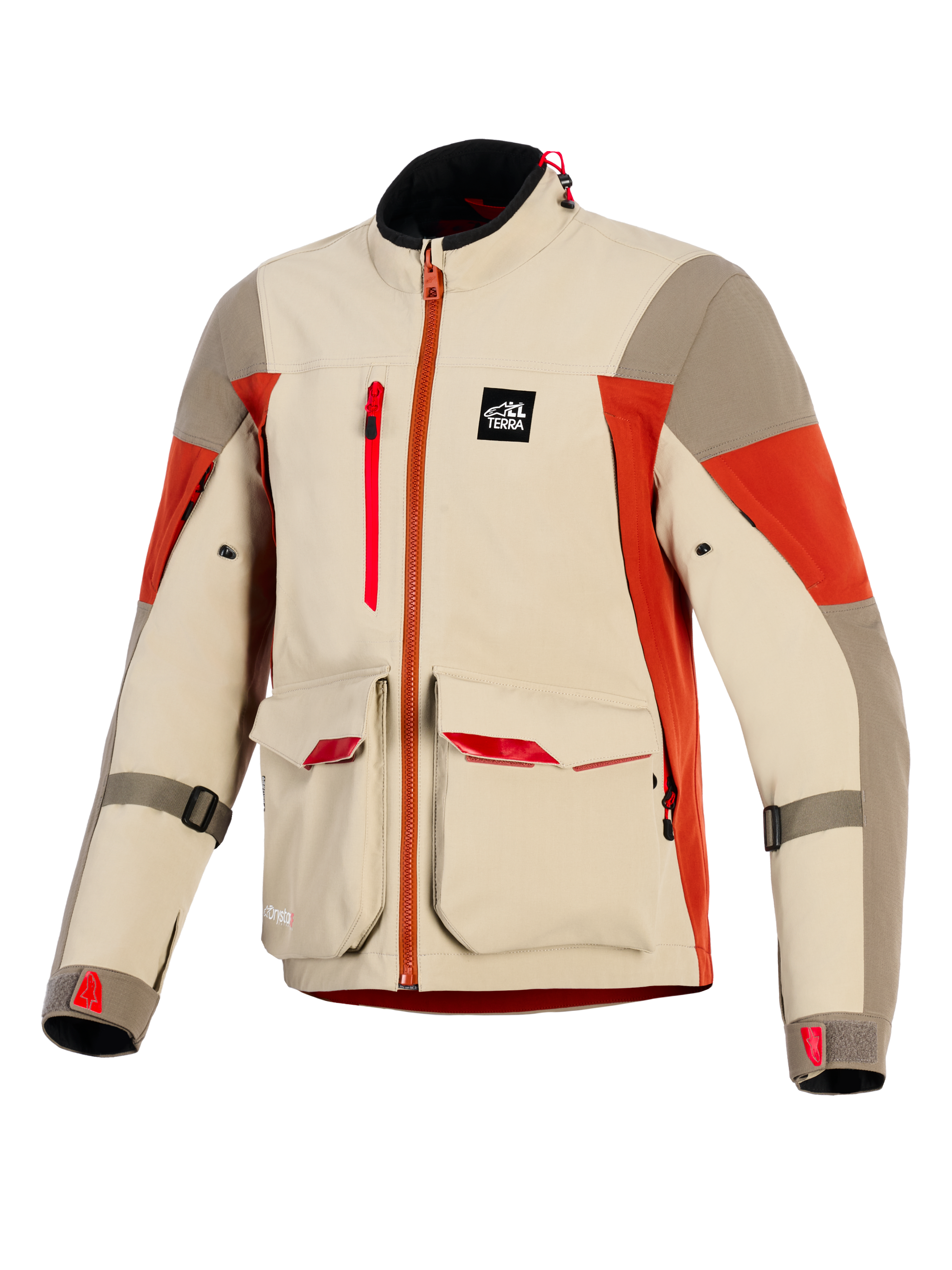 Alpinestars Maxdura Drystar®XF Laminated Armored Shell, giacca da moto adventure, Aluminum Walnut e Rust Brown, presenta ampie tasche cargo anteriori con accenti rossi, cerniera verticale sul petto, patch logo All Terra e costruzione tecnica laminata a 3 strati