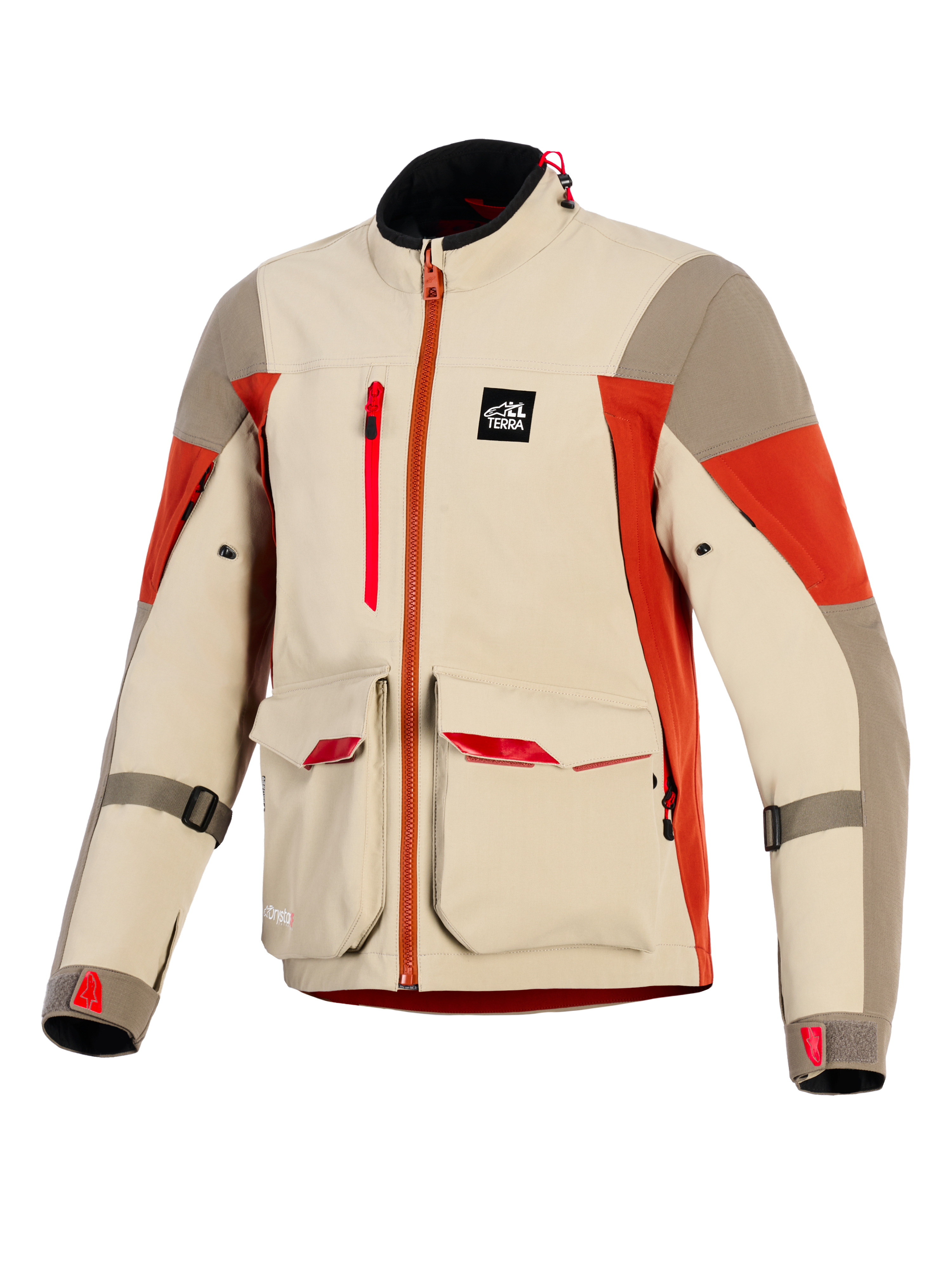 Alpinestars Maxdura Drystar®XF Laminated Armored Shell, giacca da moto adventure, Aluminum Walnut e Rust Brown, presenta ampie tasche cargo anteriori con accenti rossi, cerniera verticale sul petto, patch logo All Terra e costruzione tecnica laminata a 3 strati