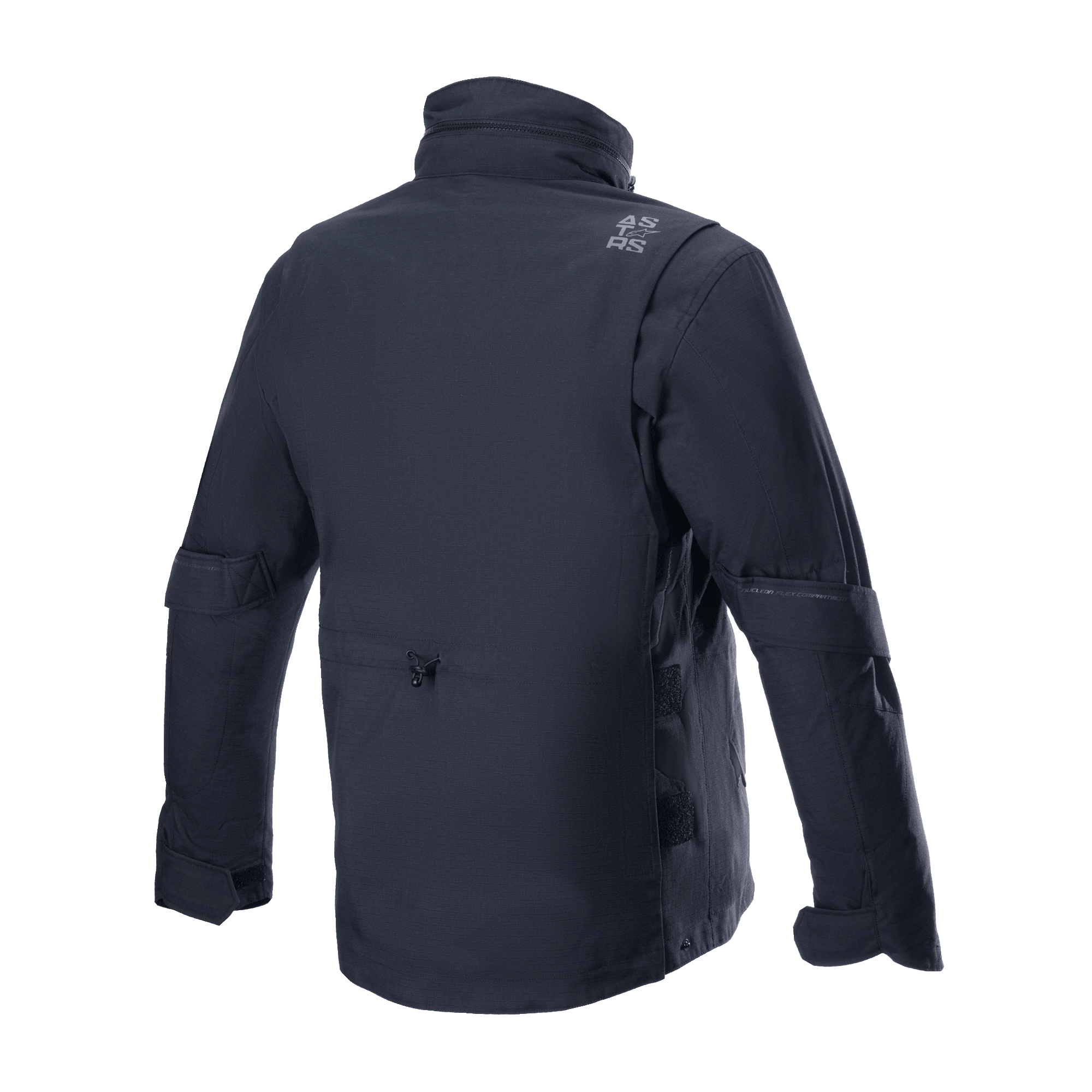 Giacca Alpinestars MO.ST.EQ Field Waterproof Primaloft, nero, vista posteriore, giacca da moto d'ispirazione streetwear contemporanea con struttura in tessuto ripstop, colletto alto e discreto logo grigio sulla spalla.