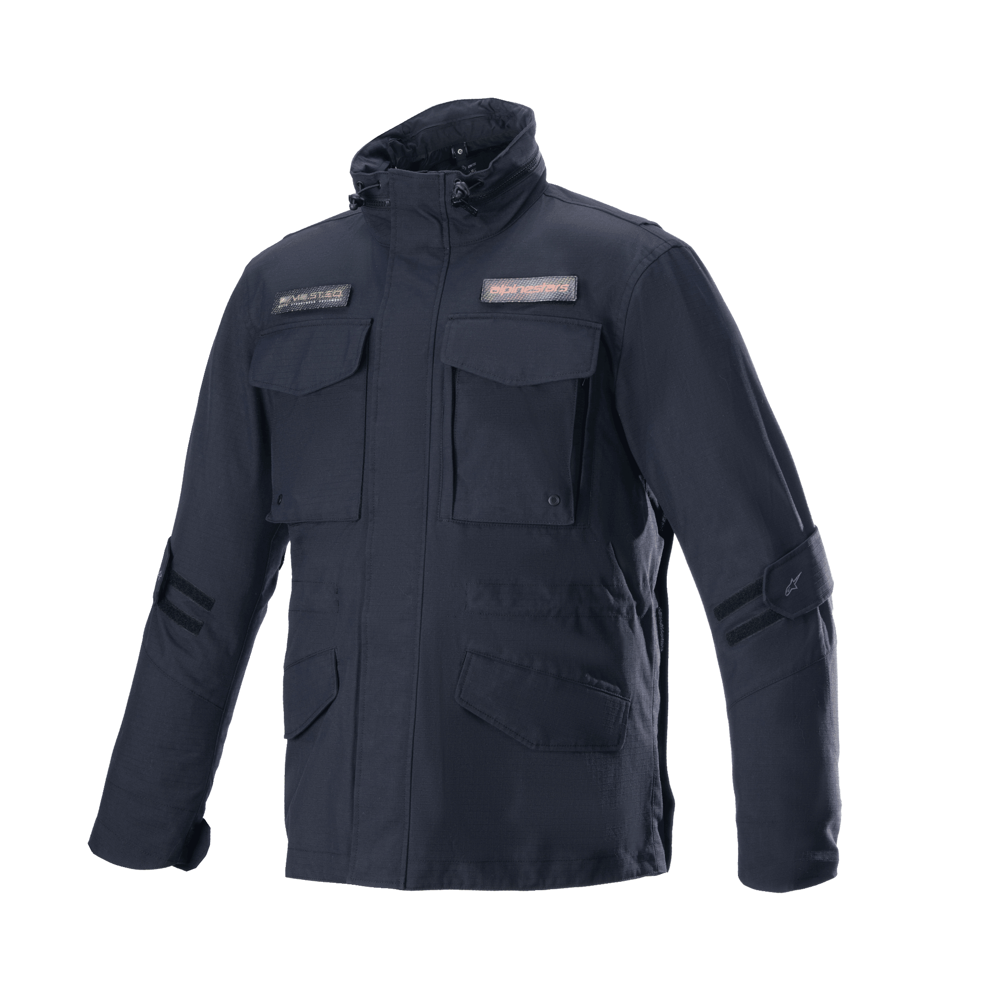Alpinestars MO.ST.EQ Field Waterproof Primaloft Jacket, nero, giacca da moto urbana, stile field jacket, quattro tasche anteriori con patta, colletto alto con coulisse, robusta costruzione in ripstop con patch del logo