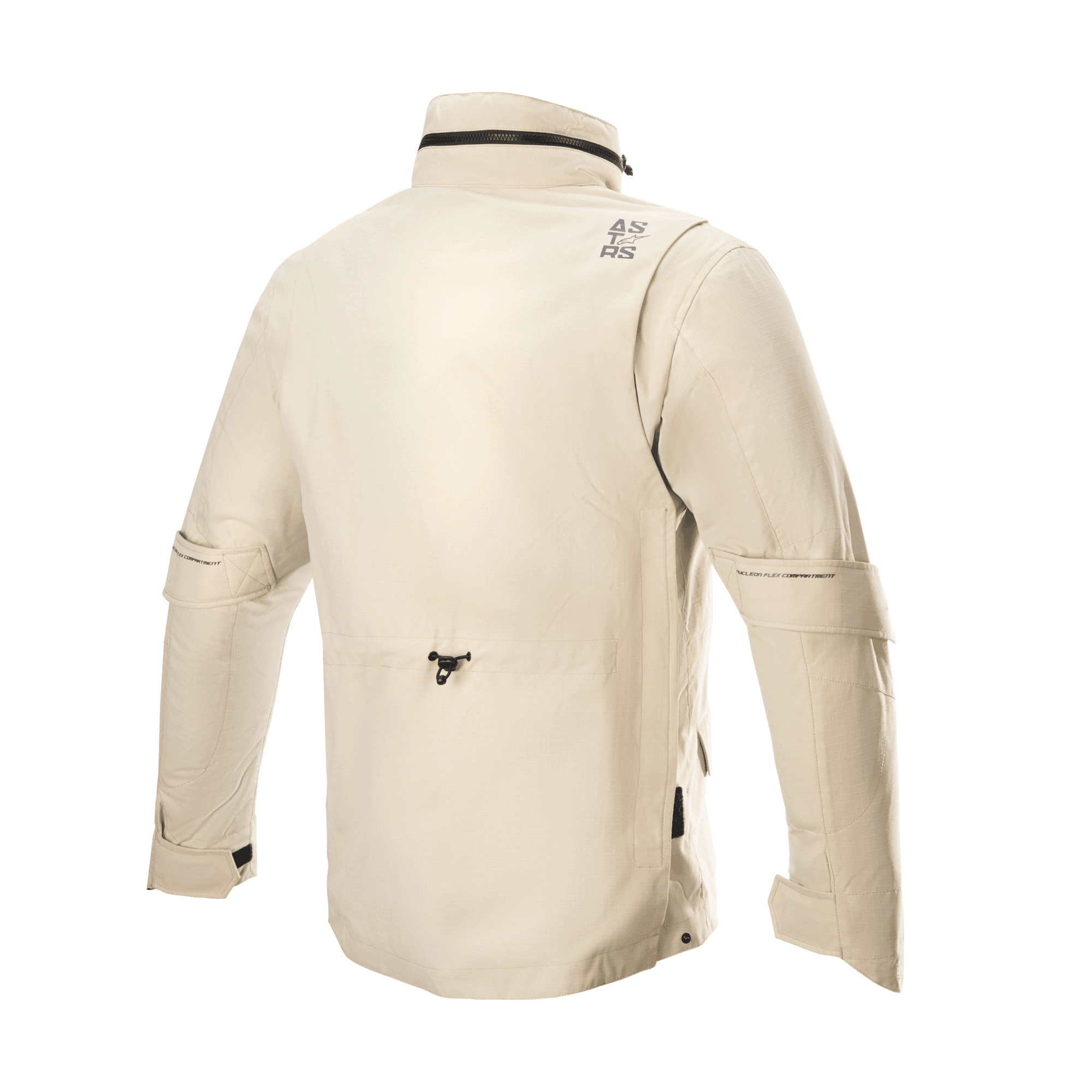 Giacca Alpinestars MO.ST.EQ Field Waterproof Primaloft, giacca da moto, Sand Military, vista posteriore con colletto alto e cappuccio a scomparsa, regolatori di volume sulle maniche e struttura leggera in ripstop in uno stile field jacket contemporaneo