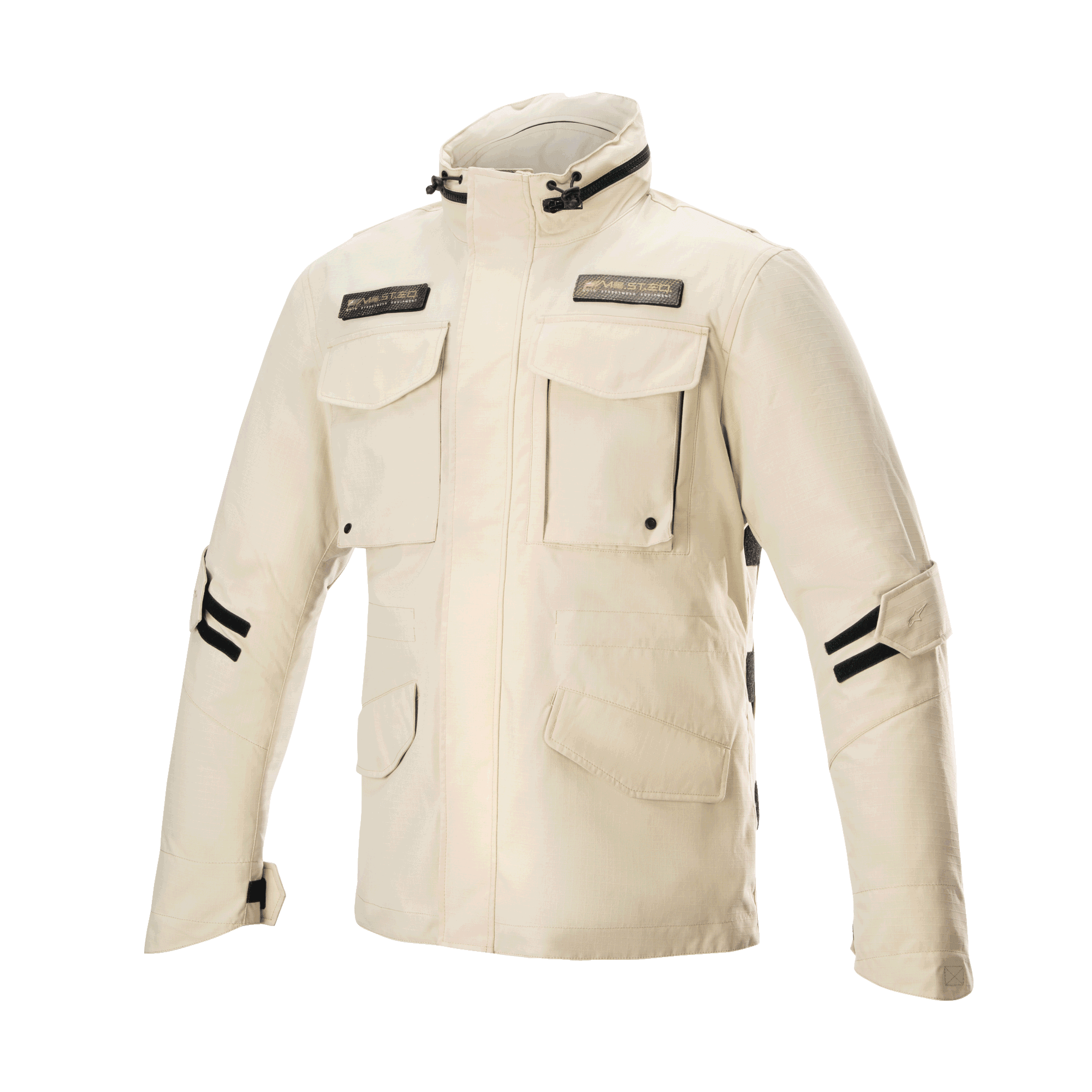Alpinestars MO.ST.EQ Field Waterproof Primaloft Jacket, Sand Military, giacca da moto urbana con quattro tasche frontali con patta, colletto alto e cinghie nere regolabili sulle maniche, design streetwear contemporaneo con struttura in ripstop impermeabile