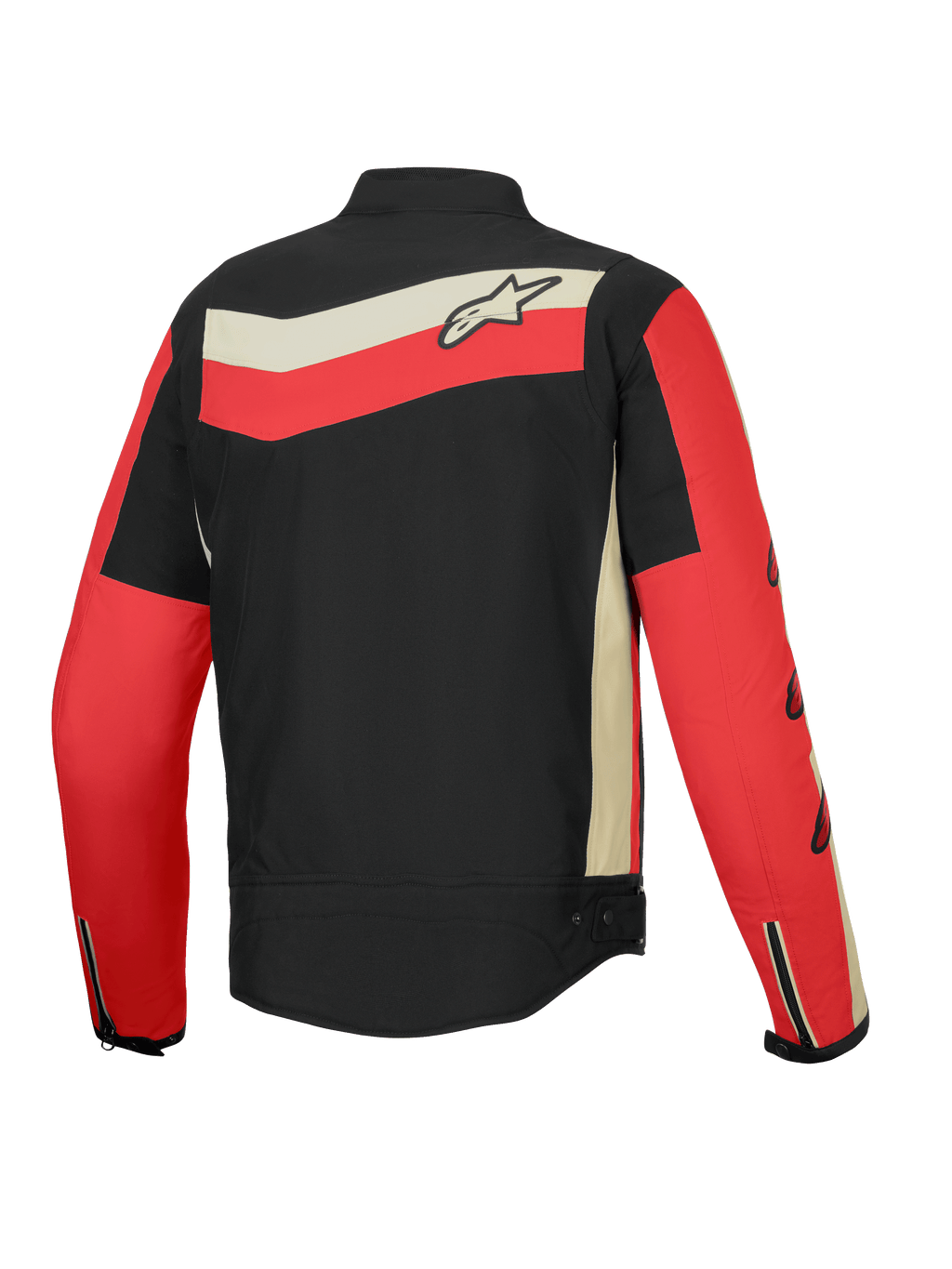 Alpinestars Giacca T-Dyno Resistente All’Acqua, giacca da moto in tessuto da uomo, vista posteriore nei colori nero, rosso vivo ed ecrù con grafiche heritage e protezione certificata CE