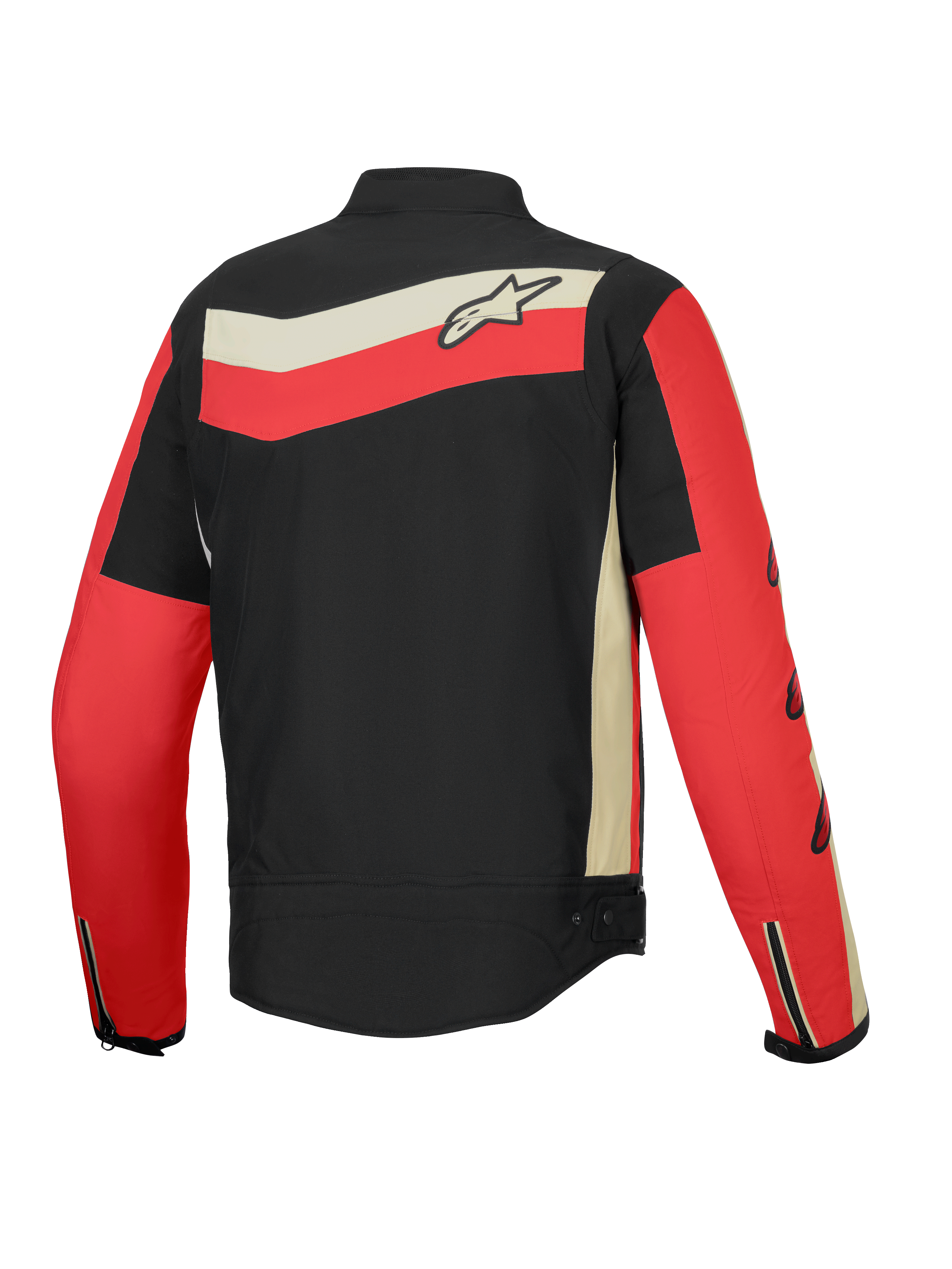 Alpinestars Giacca T-Dyno Resistente All’Acqua, giacca da moto in tessuto da uomo, vista posteriore nei colori nero, rosso vivo ed ecrù con grafiche heritage e protezione certificata CE