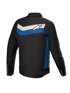 Giacca Alpinestars T-Dyno Resistente All'Acqua, giacca da moto in tessuto da uomo, nera con inserti blu ed écru, vista posteriore con pannelli elasticizzati e logo sulla schiena