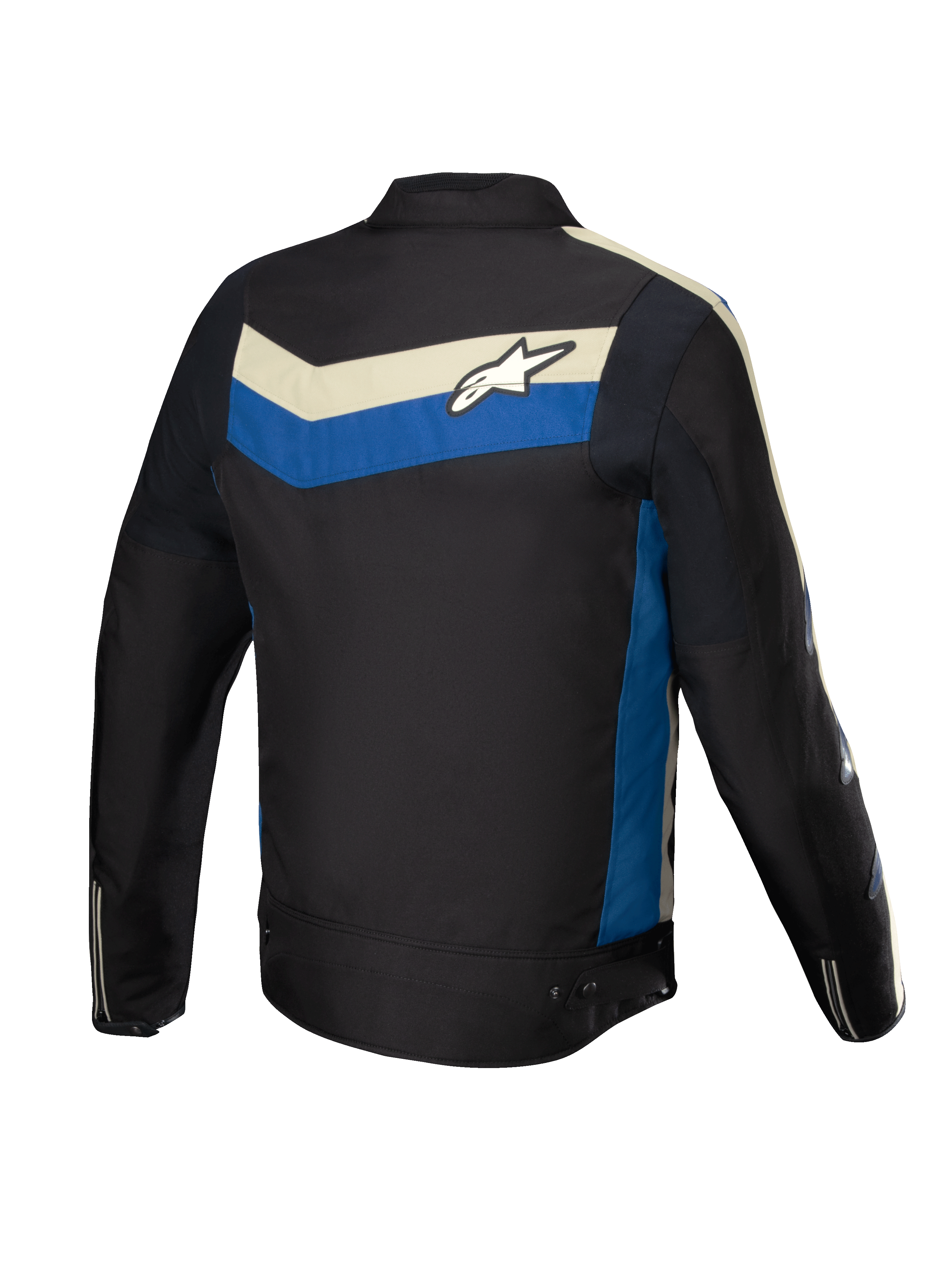 Giacca Alpinestars T-Dyno Resistente All'Acqua, giacca da moto in tessuto da uomo, nera con inserti blu ed écru, vista posteriore con pannelli elasticizzati e logo sulla schiena