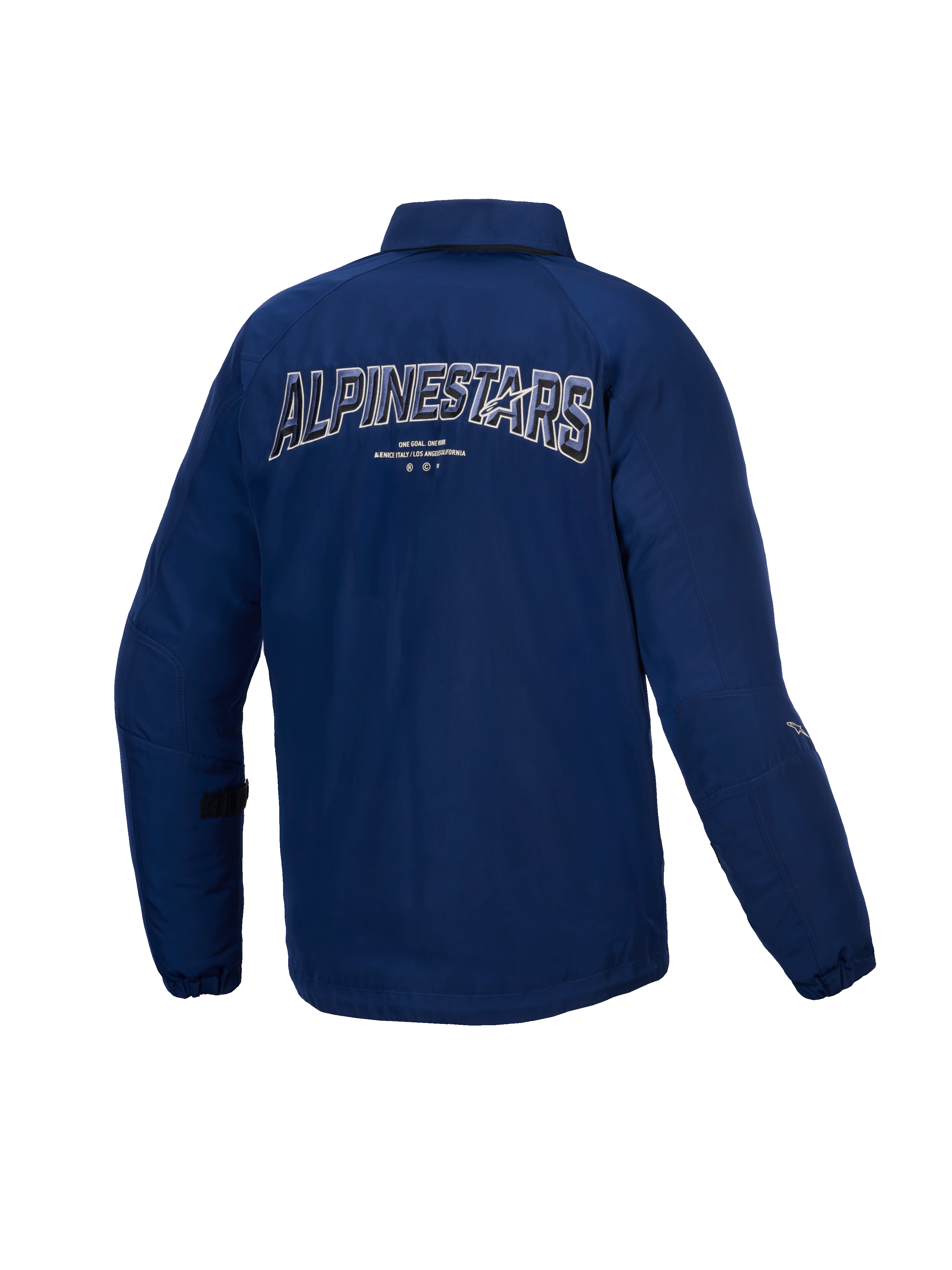 Alpinestars Giacca Revved Resistente All'Acqua, giacca da moto urbana da uomo, blu, vista posteriore con ricamo dinamico 3D e marchio, struttura in raso resistente all'acqua certificata CE