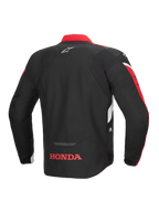 Giacca Alpinestars Honda T-Jaws V4 WP, vista posteriore, nero con accenti rosso brillante e bianco, con logo Honda rosso sulla parte bassa della schiena e logo a stella Alpinestars sulla parte superiore della schiena, giacca da moto sportiva in tessuto con dettagli riflettenti