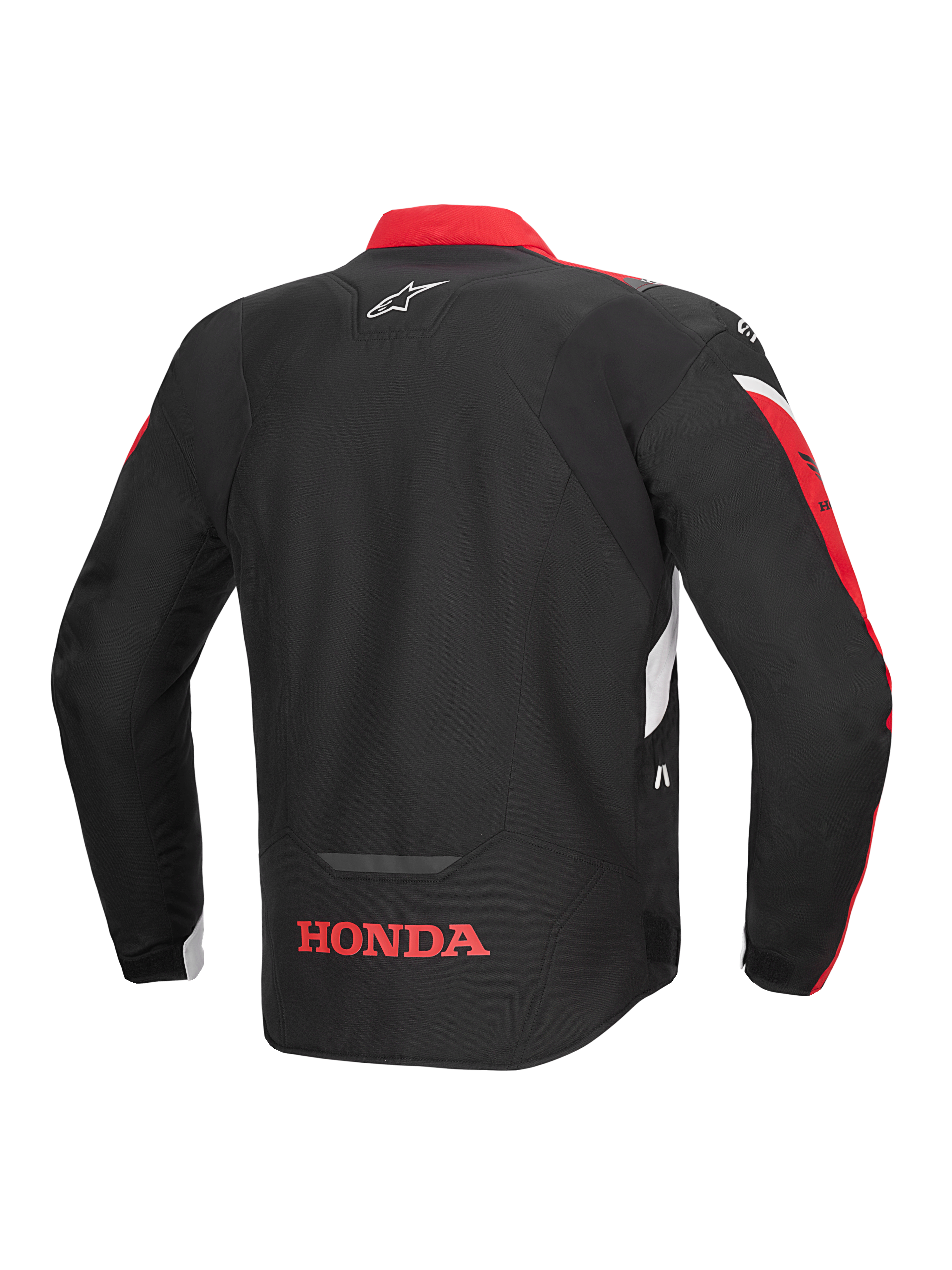 Giacca Alpinestars Honda T-Jaws V4 WP, vista posteriore, nero con accenti rosso brillante e bianco, con logo Honda rosso sulla parte bassa della schiena e logo a stella Alpinestars sulla parte superiore della schiena, giacca da moto sportiva in tessuto con dettagli riflettenti