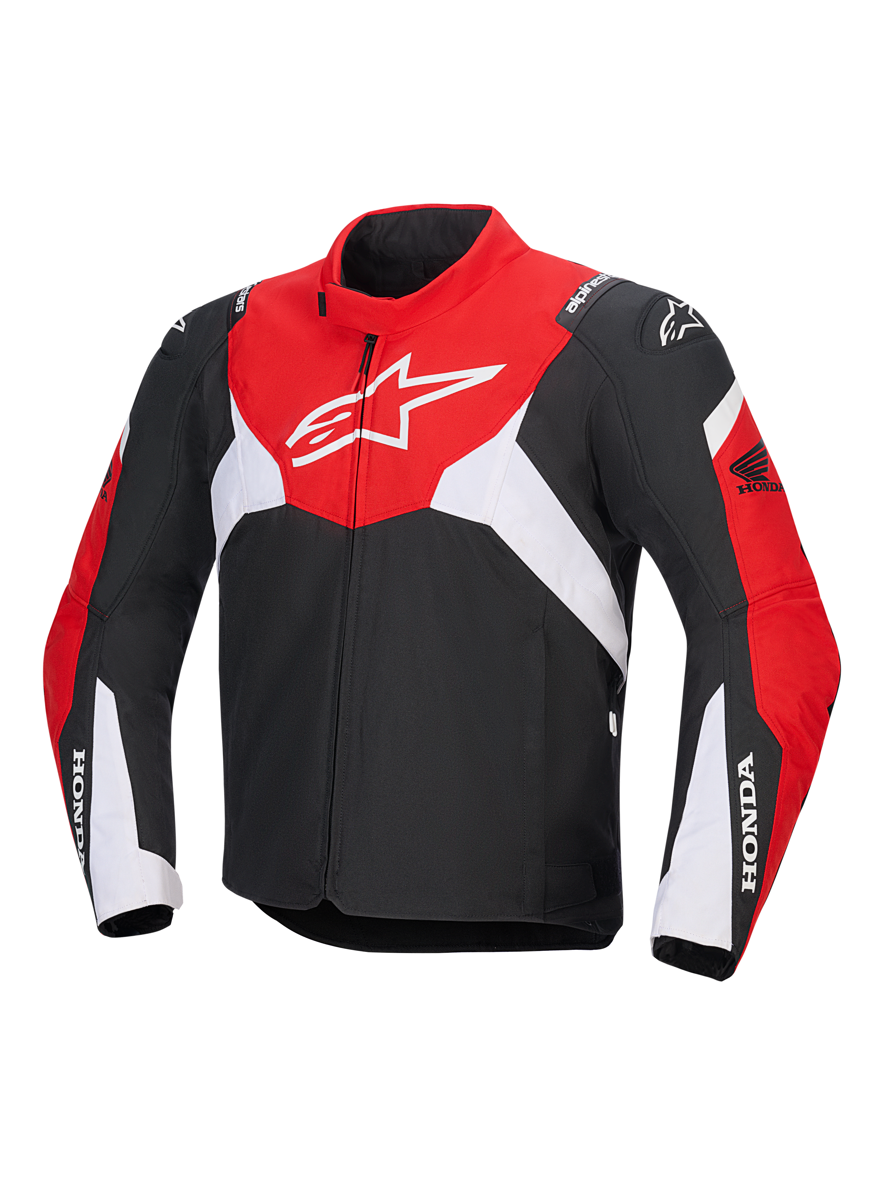Giacca Alpinestars Honda T-Jaws V4 Wp, giacca tecnica da moto impermeabile, nero, rosso brillante e bianco, con un grande logo Astar bianco sul petto e marchio Honda sulle maniche, design sportivo con colletto alto e cerniera frontale