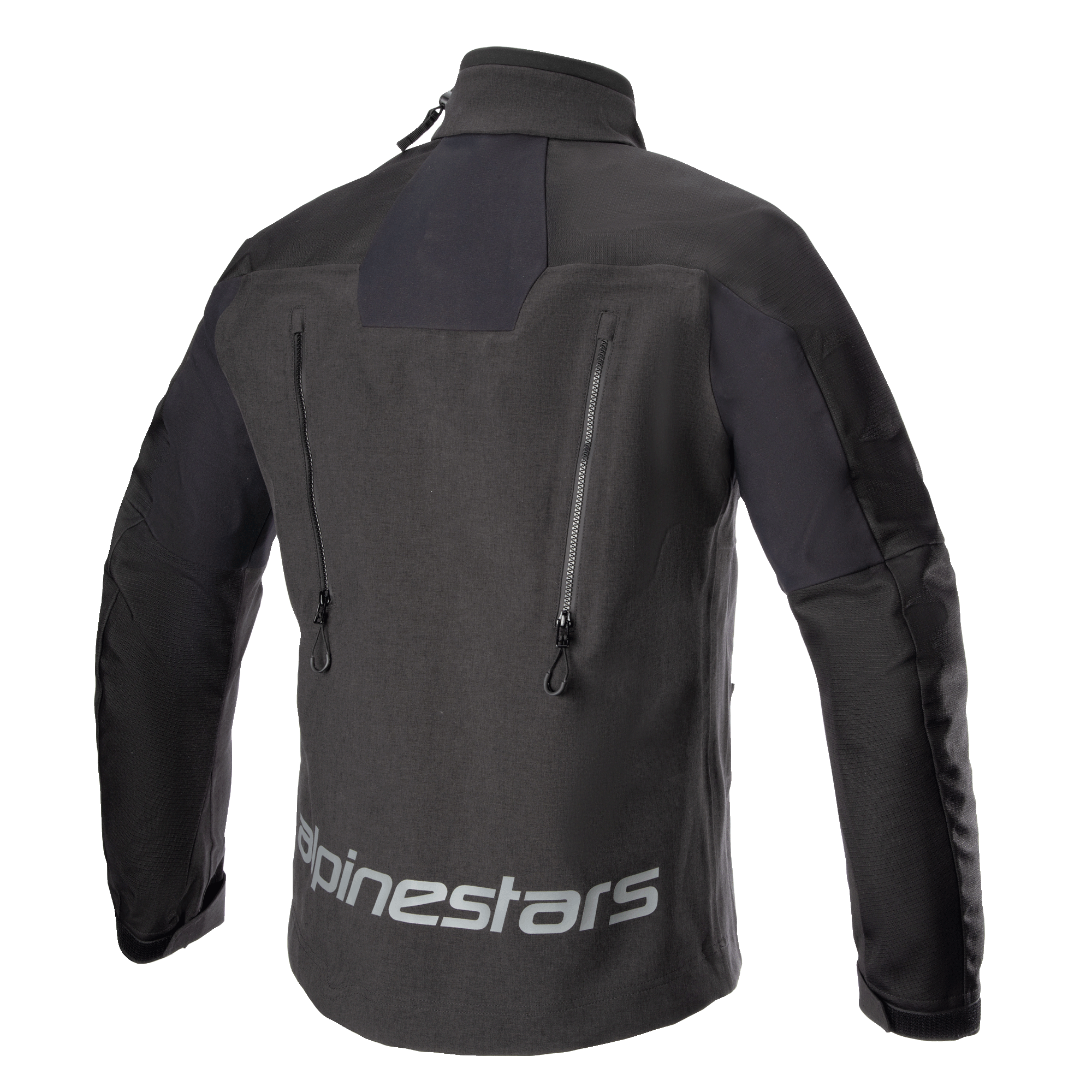Giacca Alpinestars Hyde XT Drystar® XF, giacca da moto, nero, vista posteriore con un grande logo Alpinestars riflettente sulla parte bassa della schiena, doppie prese d'aria verticali con cerniere e pannelli in ripstop testurizzato