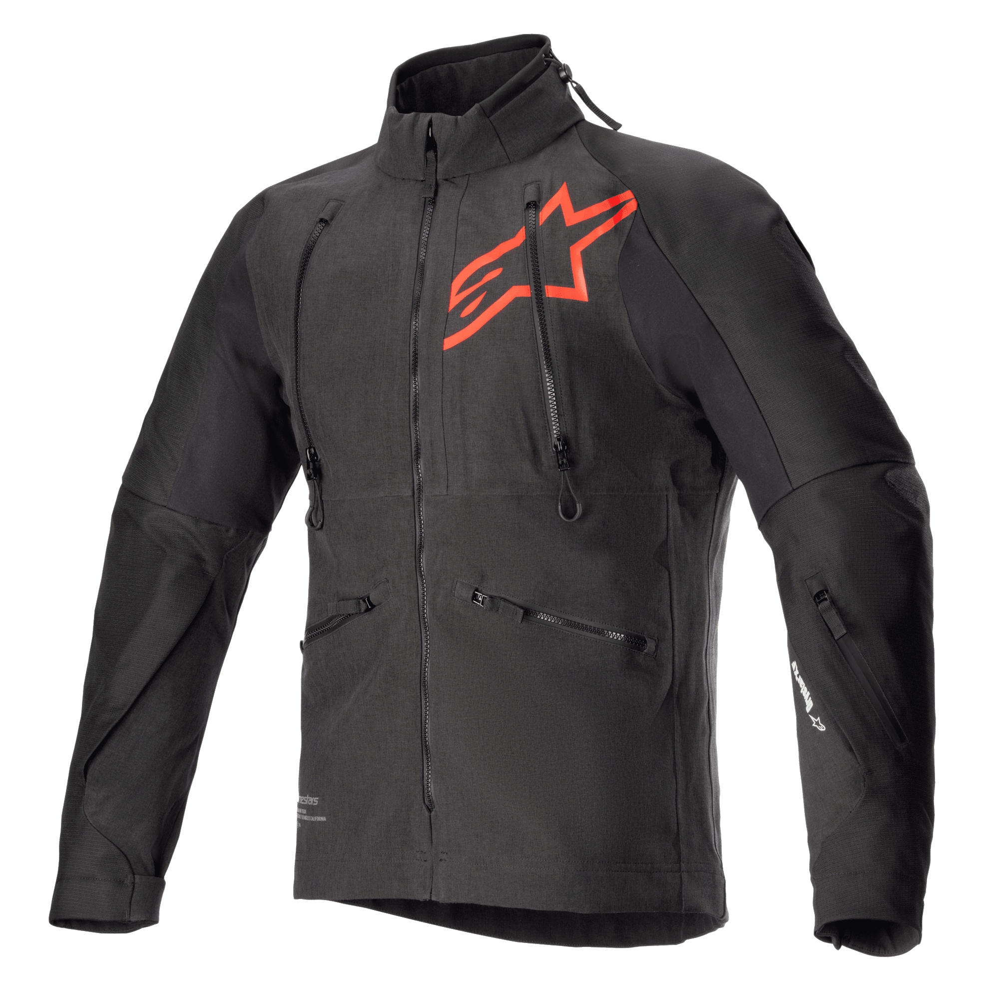 Giacca Alpinestars Hyde XT Drystar XF, giacca tecnica da moto nera e rosso acceso, grande logo a stella rosso sul petto, cerniere di ventilazione verticali sul petto, colletto alto, tessuto elasticizzato in quattro direzioni testurizzato, progettata per la guida adventure e fuoristrada
