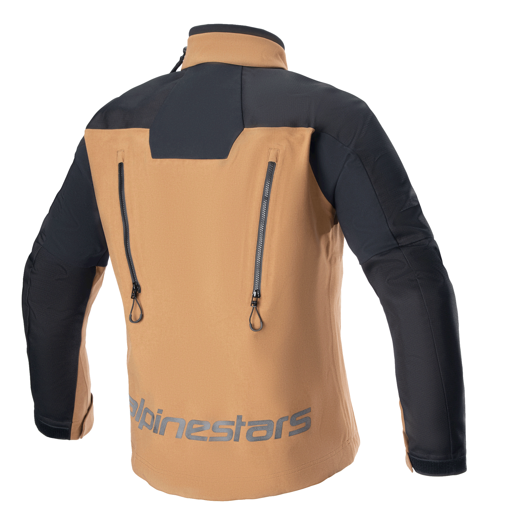 Giacca Alpinestars Hyde XT Drystar® XF, giacca da moto adventure, sabbia e nero, vista posteriore con due cerniere di ventilazione verticali, spalle e maniche rinforzate nere, marchio Alpinestars sulla parte bassa della schiena, abbigliamento tecnico da touring impermeabile